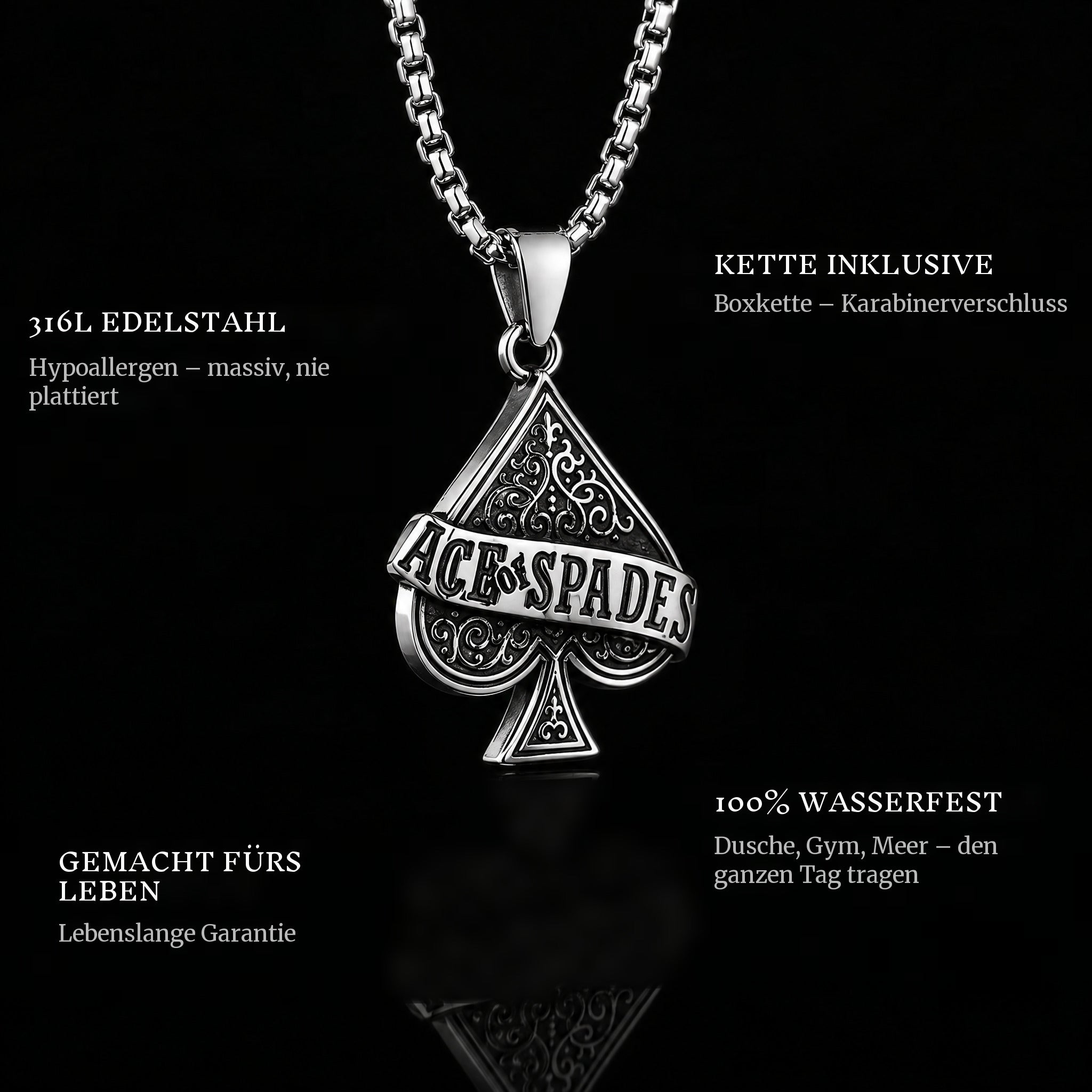 Ace Of Spades pendant features: 316L stainless steel, chain included, 100% waterproof, lifetime guarantee
