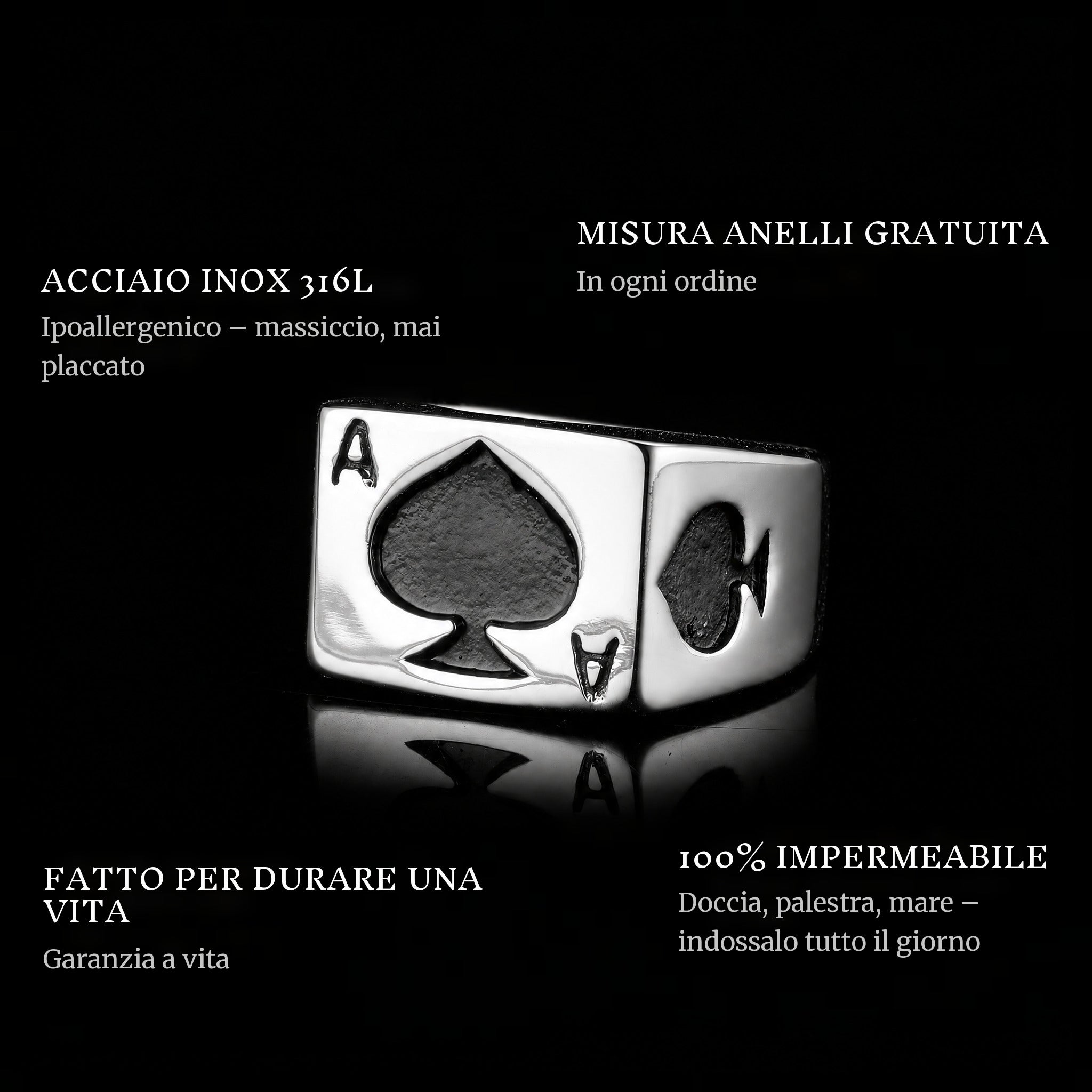 Ace Of Spades ring features: 316L stainless steel, free ring sizer in every order, 100% waterproof, lifetime guarantee