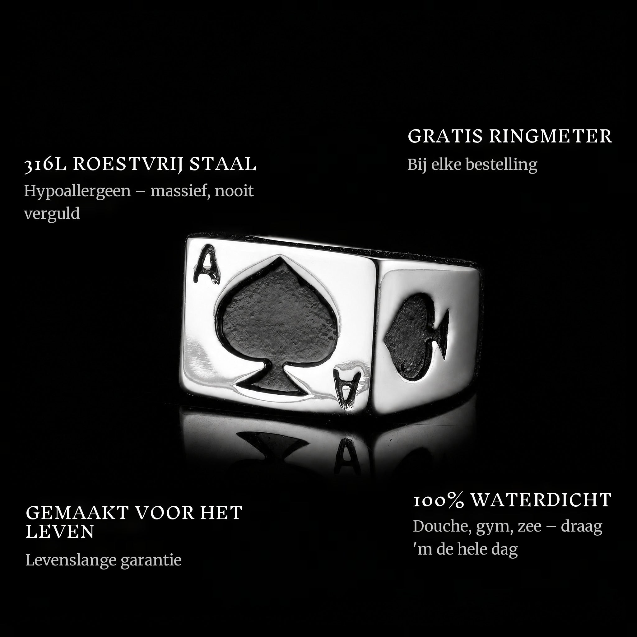 Ace Of Spades ring features: 316L stainless steel, free ring sizer in every order, 100% waterproof, lifetime guarantee