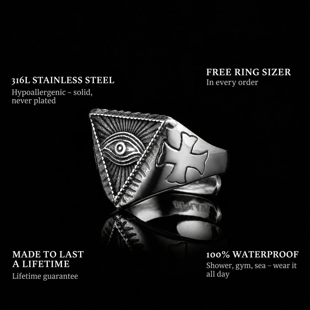 All Seeing Pyramid ring features: 316L stainless steel, free ring sizer in every order, 100% waterproof, lifetime guarantee