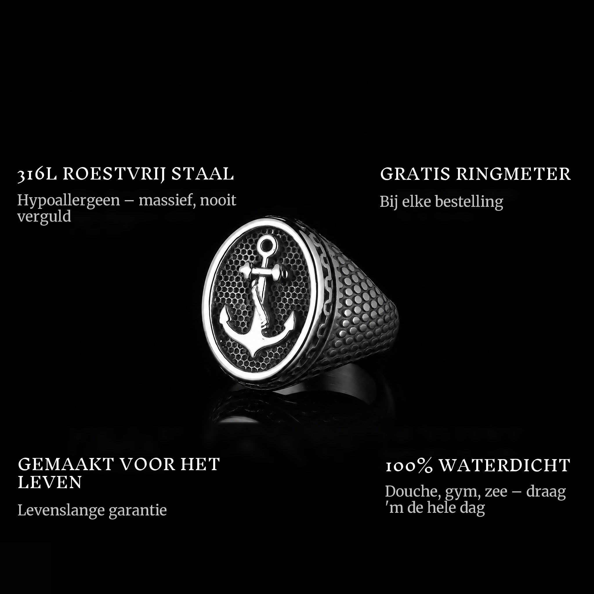 Anchor ring features: 316L stainless steel, free ring sizer in every order, 100% waterproof, lifetime guarantee
