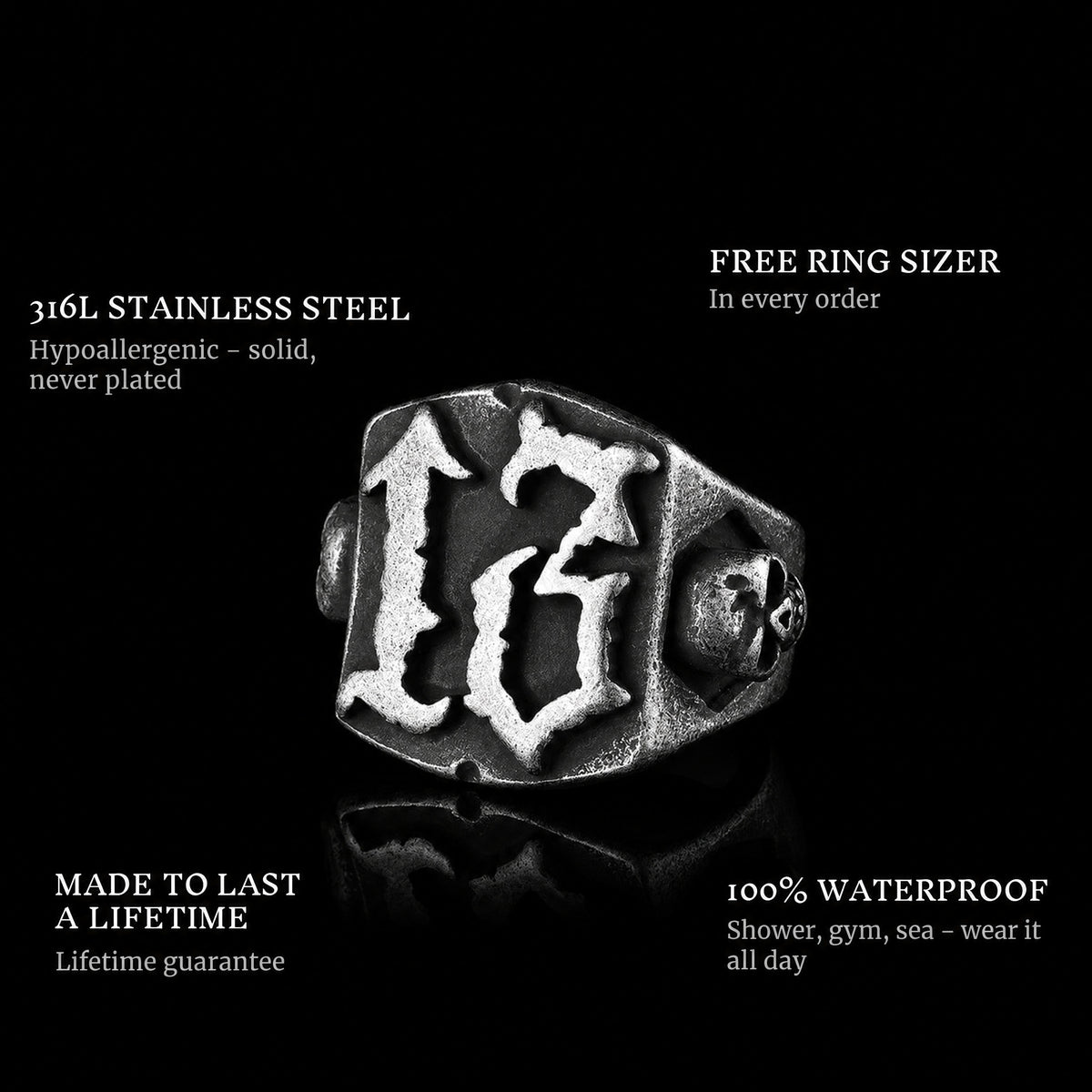 Ancient 13 ring features: 316L stainless steel, free ring sizer in every order, 100% waterproof, lifetime guarantee
