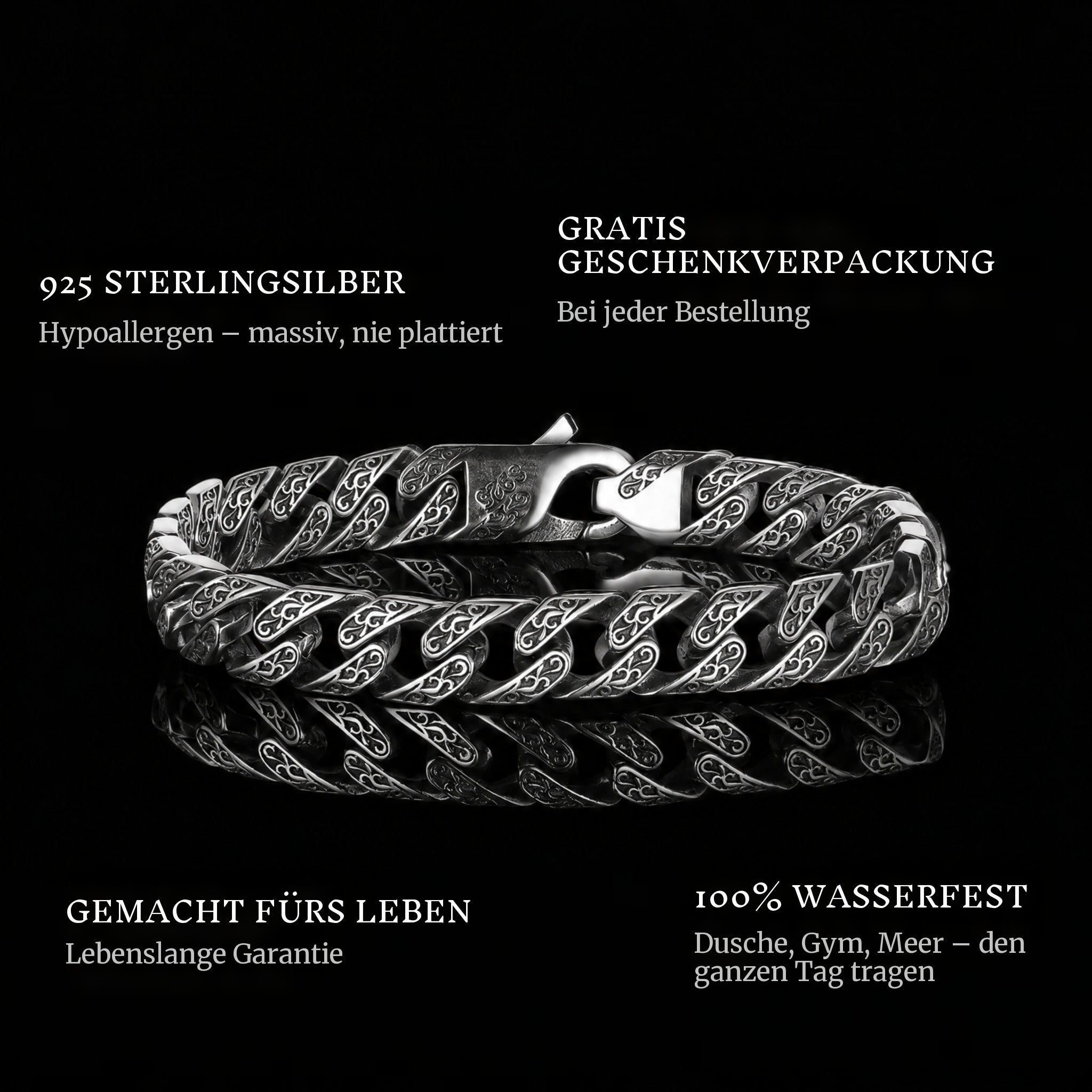 Ancient Cuban features: 925 sterling silver, free gift packaging, 100% waterproof, lifetime guarantee