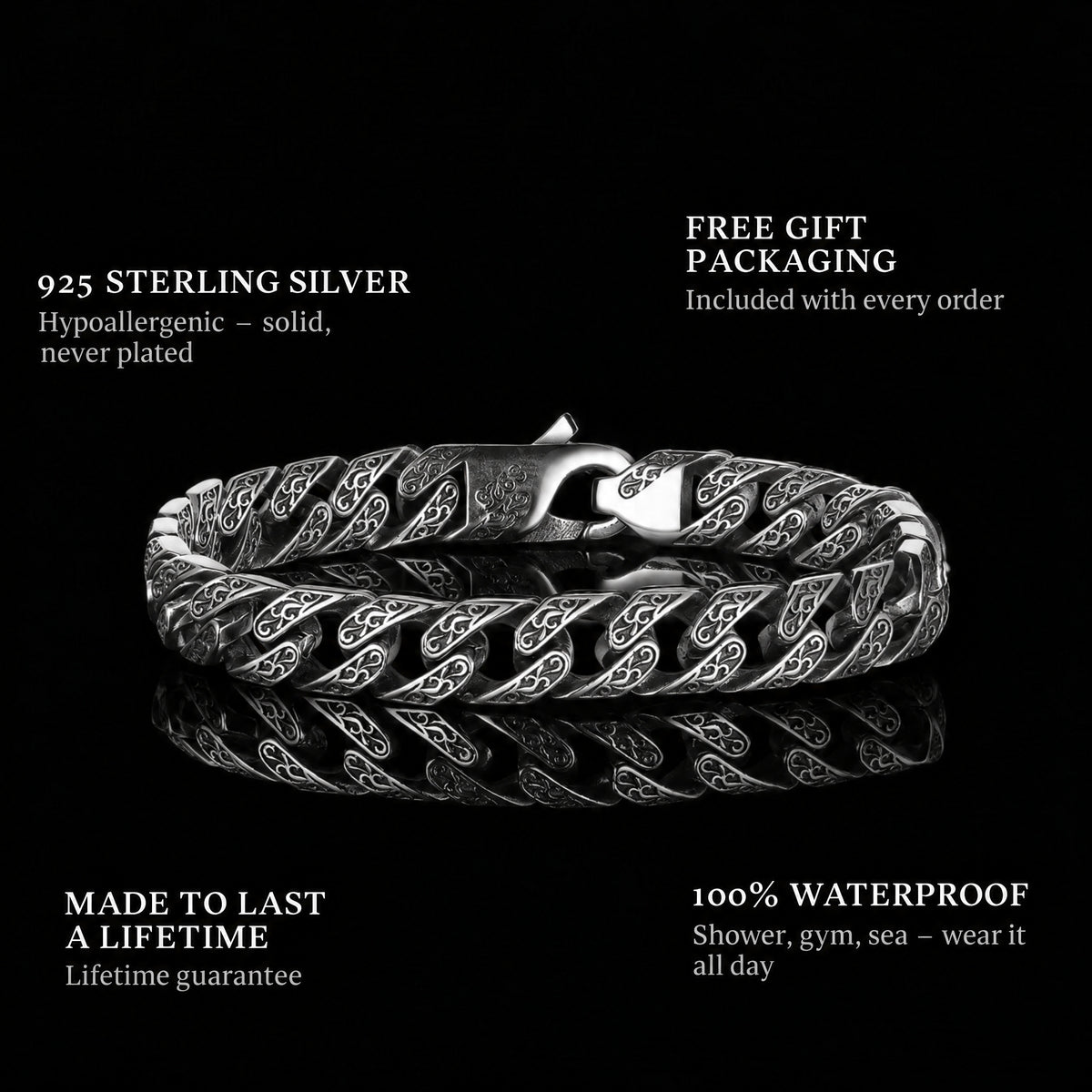 Ancient Cuban features: 925 sterling silver, free gift packaging, 100% waterproof, lifetime guarantee