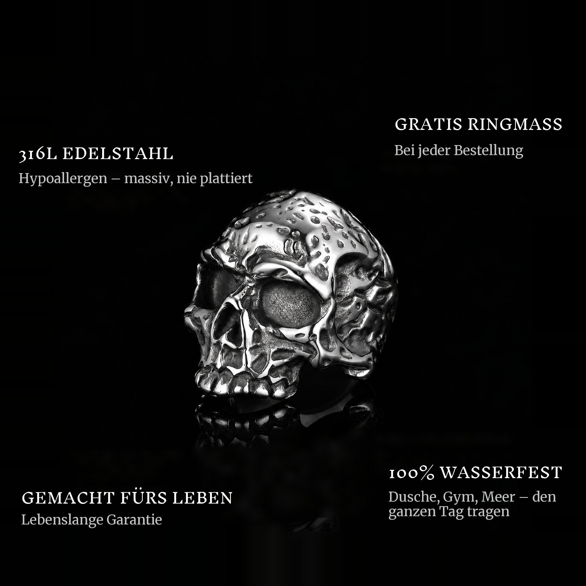 Ancient Skull ring features: 316L stainless steel, free ring sizer in every order, 100% waterproof, lifetime guarantee
