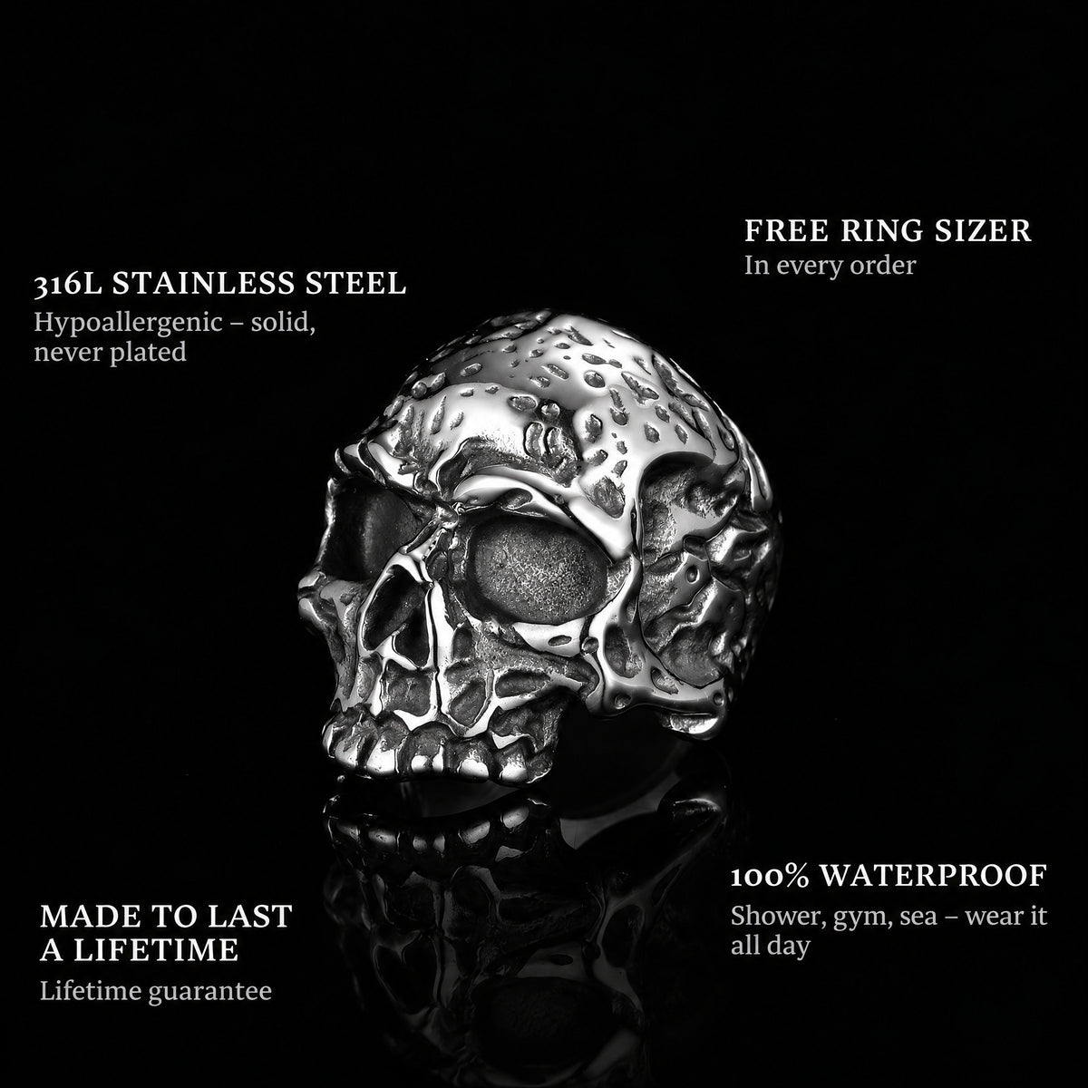 Ancient Skull ring features: 316L stainless steel, free ring sizer in every order, 100% waterproof, lifetime guarantee