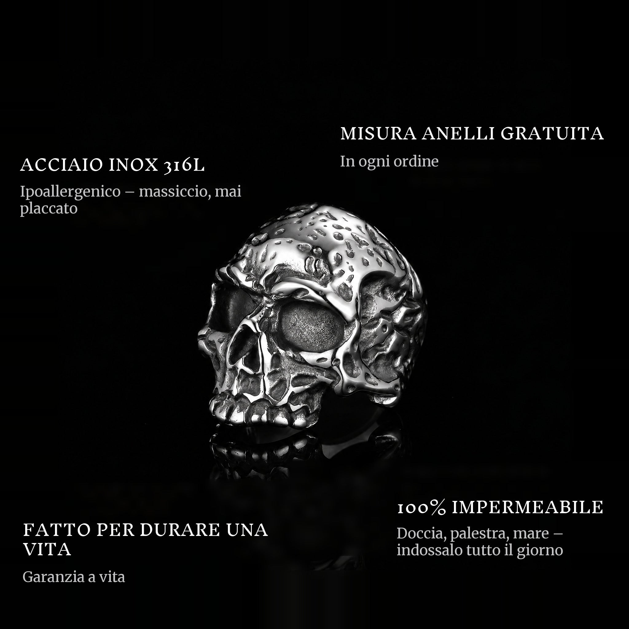 Ancient Skull ring features: 316L stainless steel, free ring sizer in every order, 100% waterproof, lifetime guarantee
