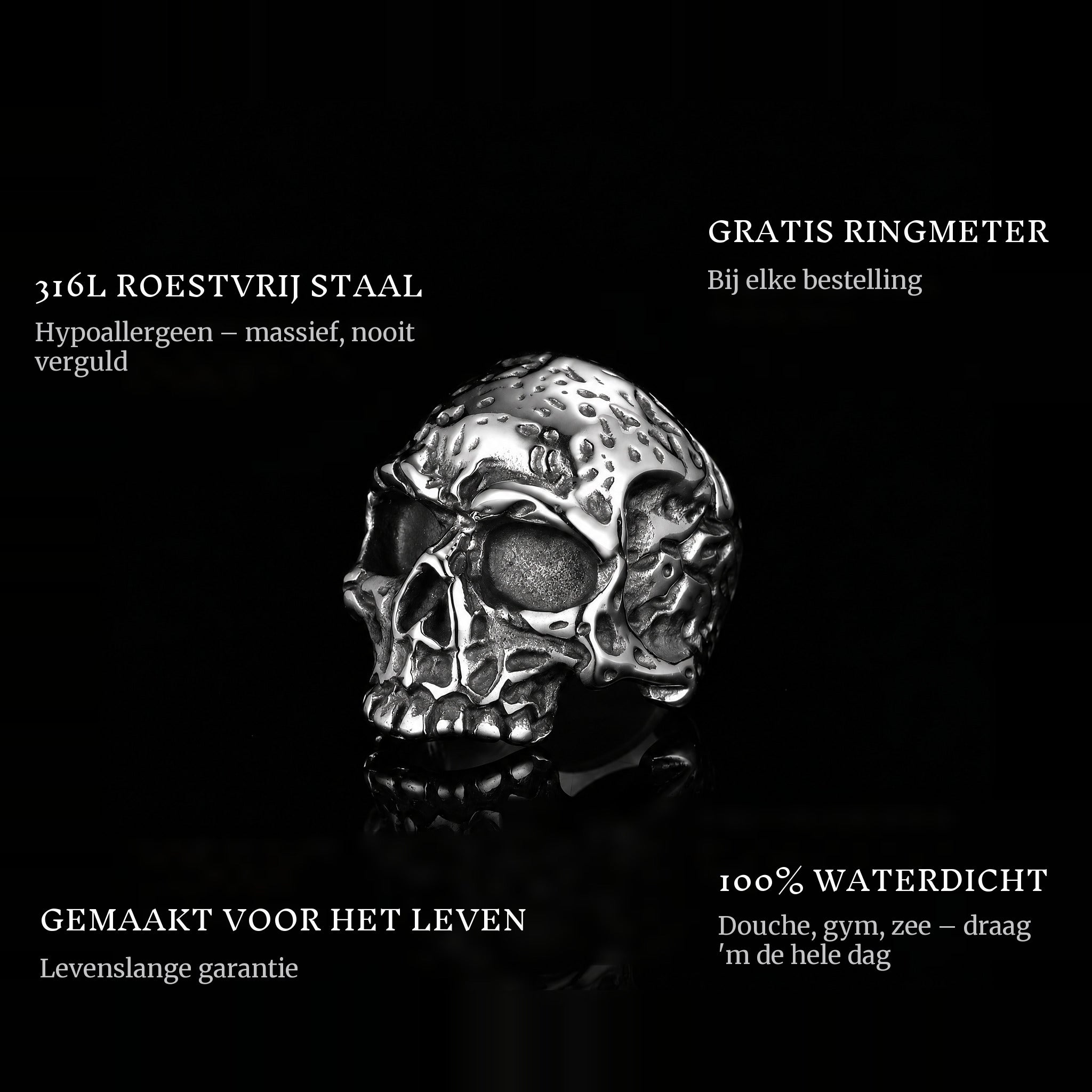 Ancient Skull ring features: 316L stainless steel, free ring sizer in every order, 100% waterproof, lifetime guarantee