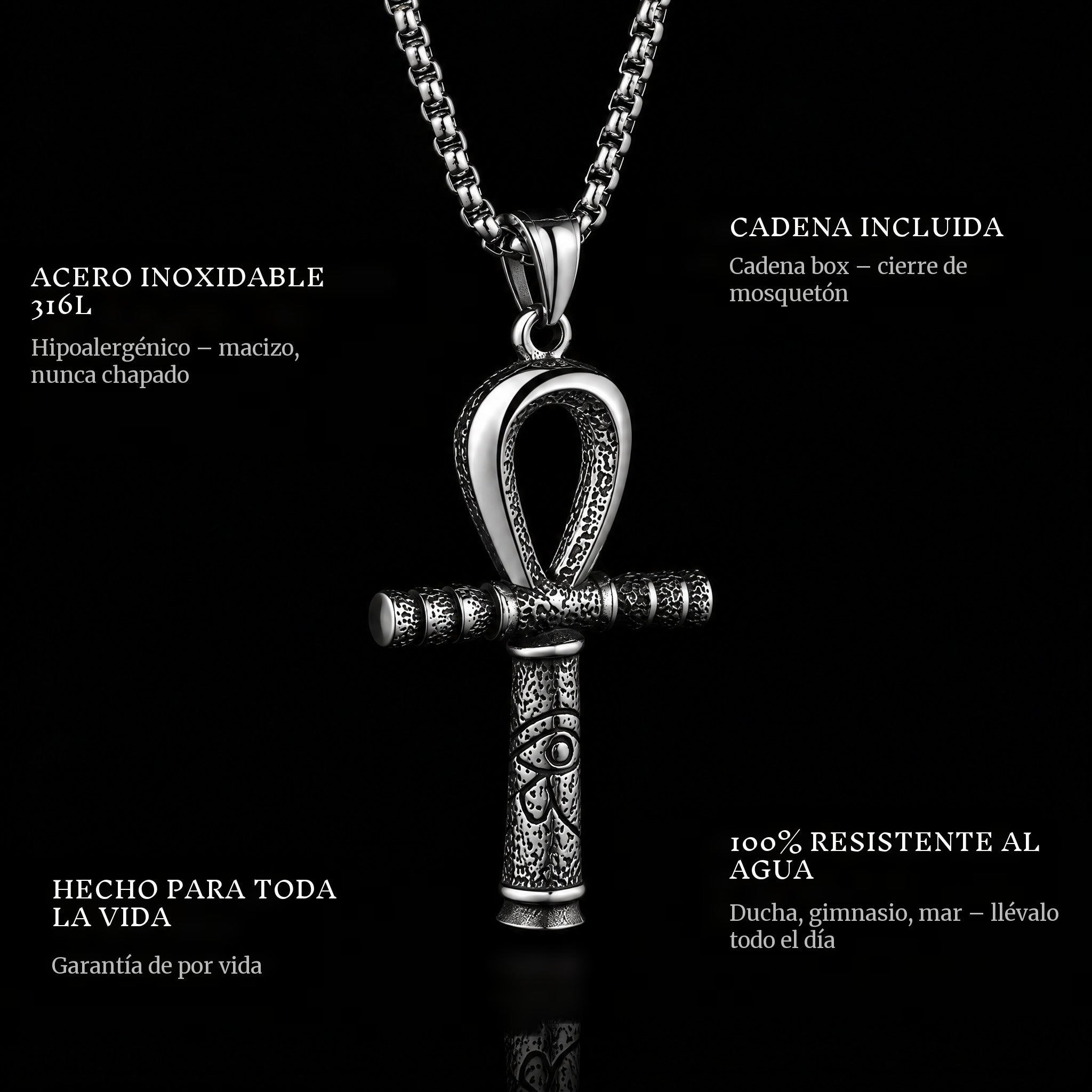 Ankh pendant features: 316L stainless steel, chain included, 100% waterproof, lifetime guarantee