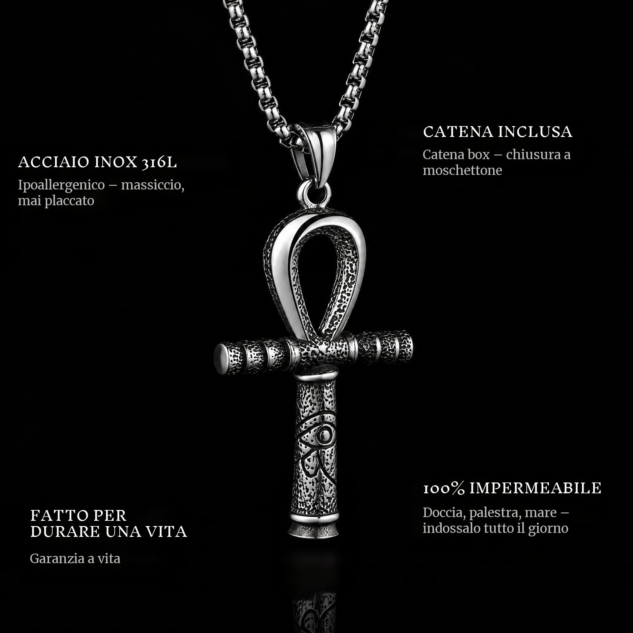 Ankh pendant features: 316L stainless steel, chain included, 100% waterproof, lifetime guarantee