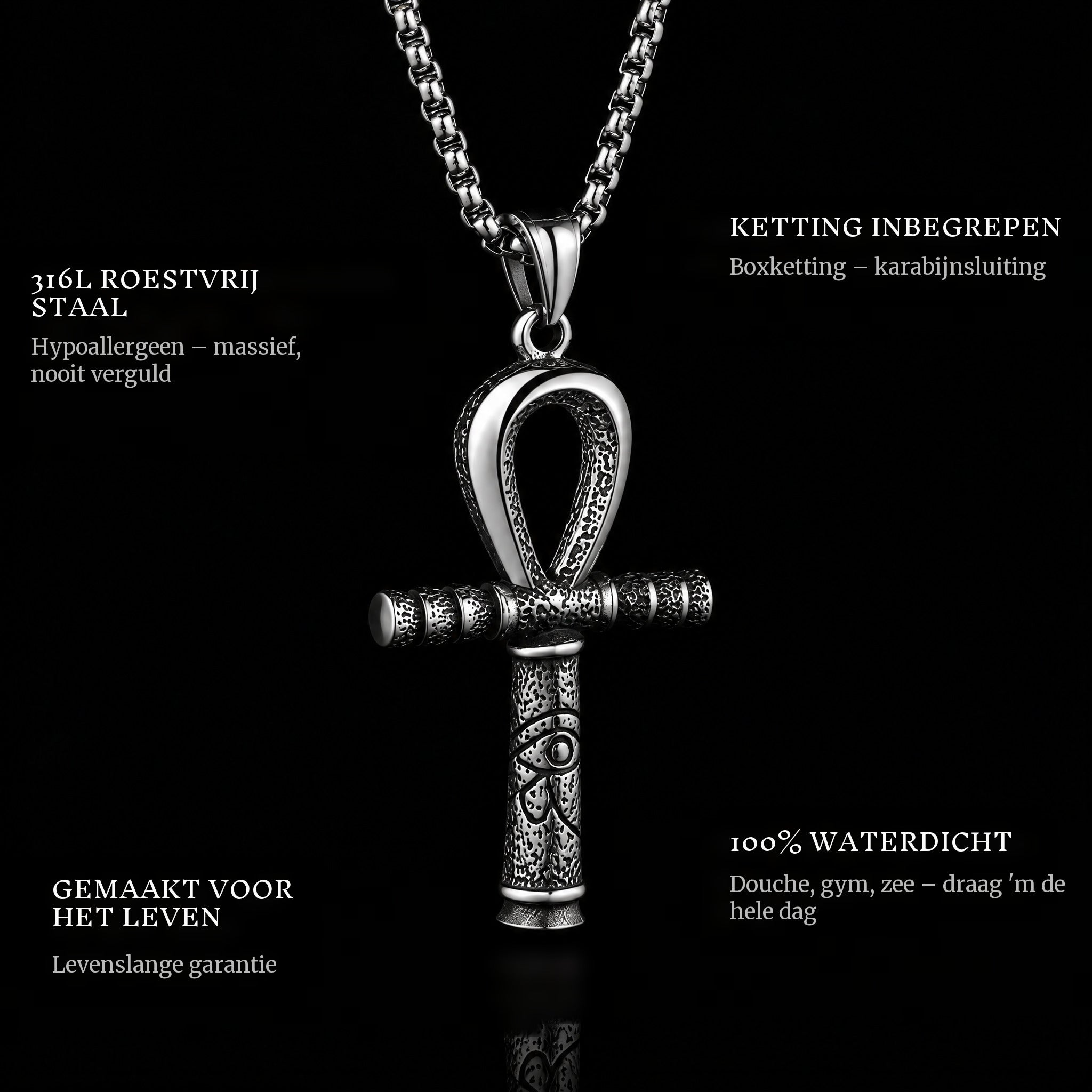 Ankh pendant features: 316L stainless steel, chain included, 100% waterproof, lifetime guarantee