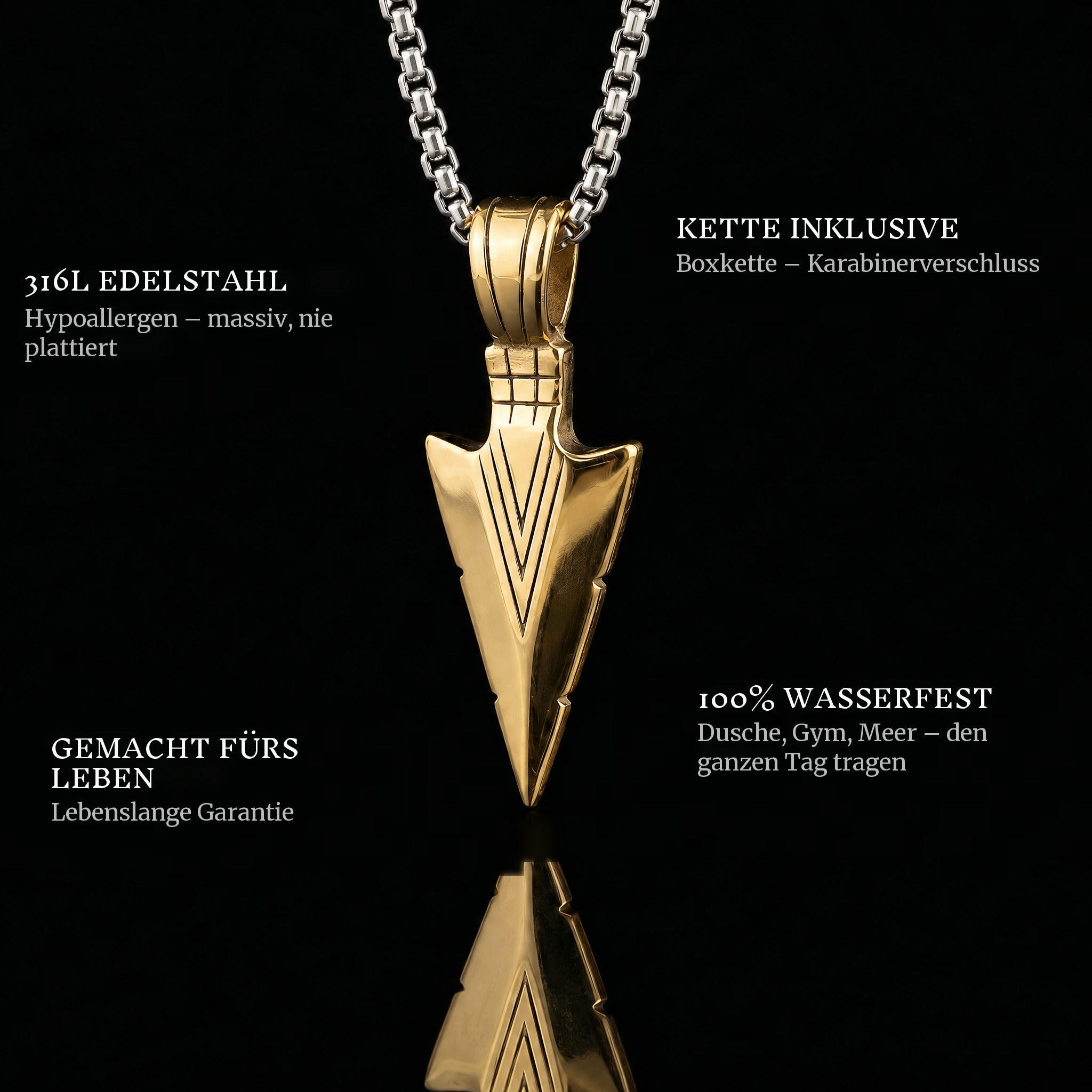 Arrow Gold pendant features: 316L stainless steel, chain included, 100% waterproof, lifetime guarantee