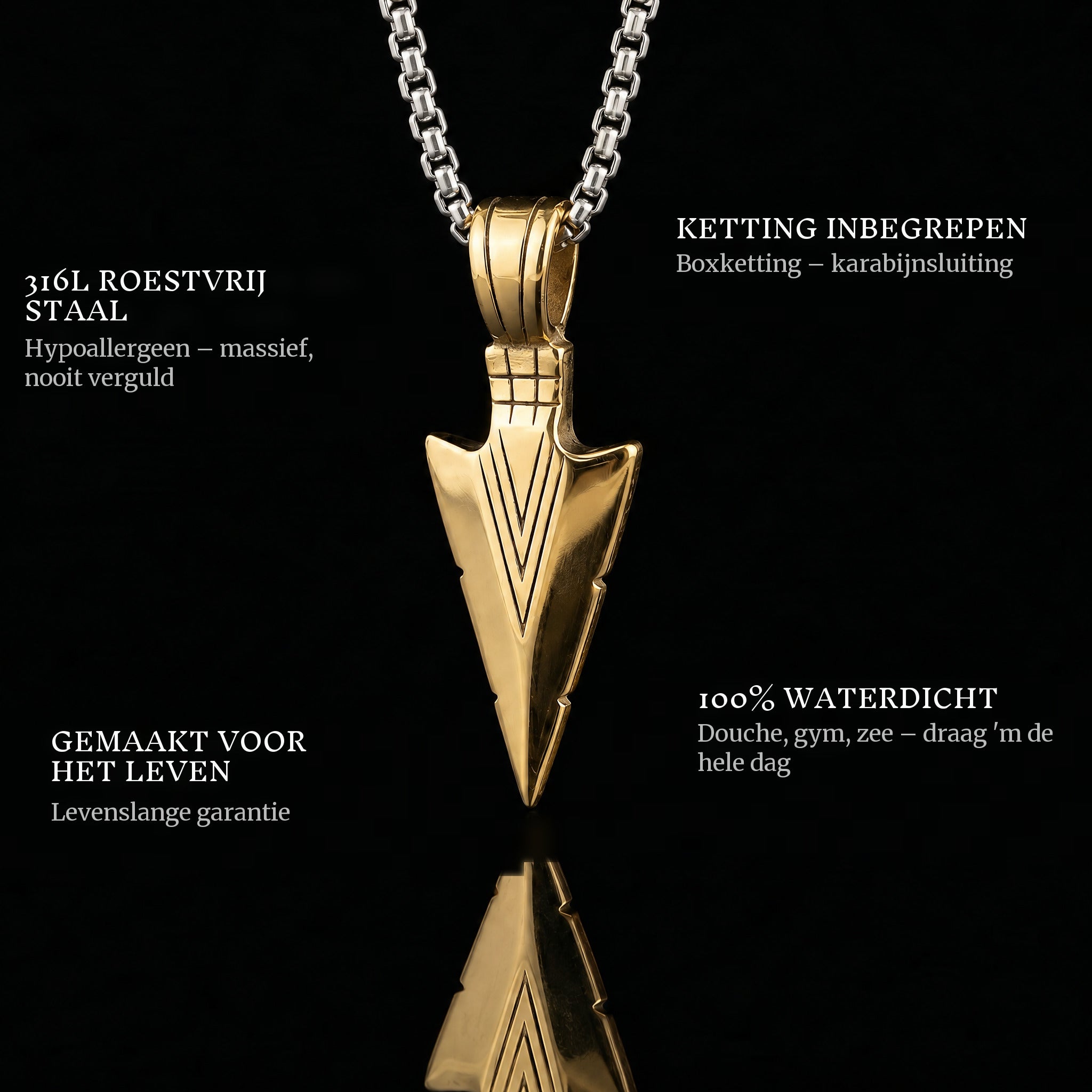 Arrow Gold pendant features: 316L stainless steel, chain included, 100% waterproof, lifetime guarantee