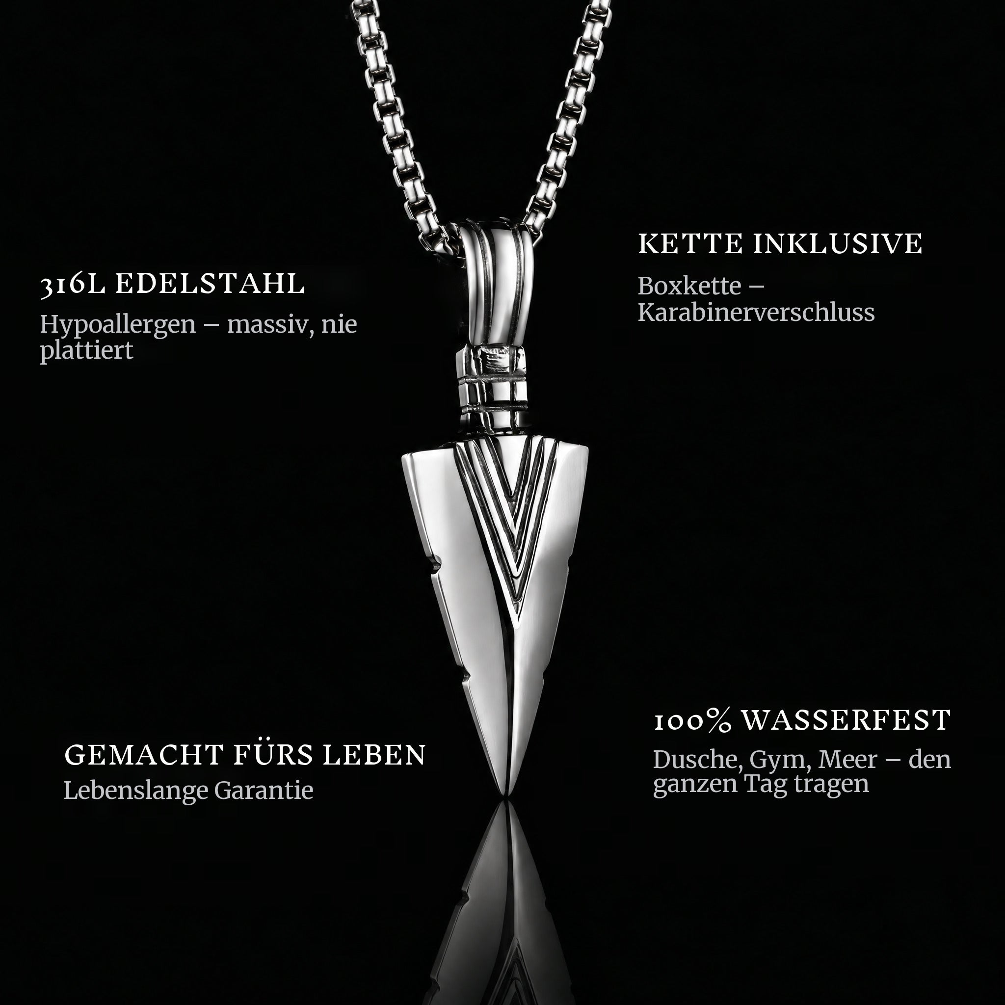 Arrow pendant features: 316L stainless steel, chain included, 100% waterproof, lifetime guarantee