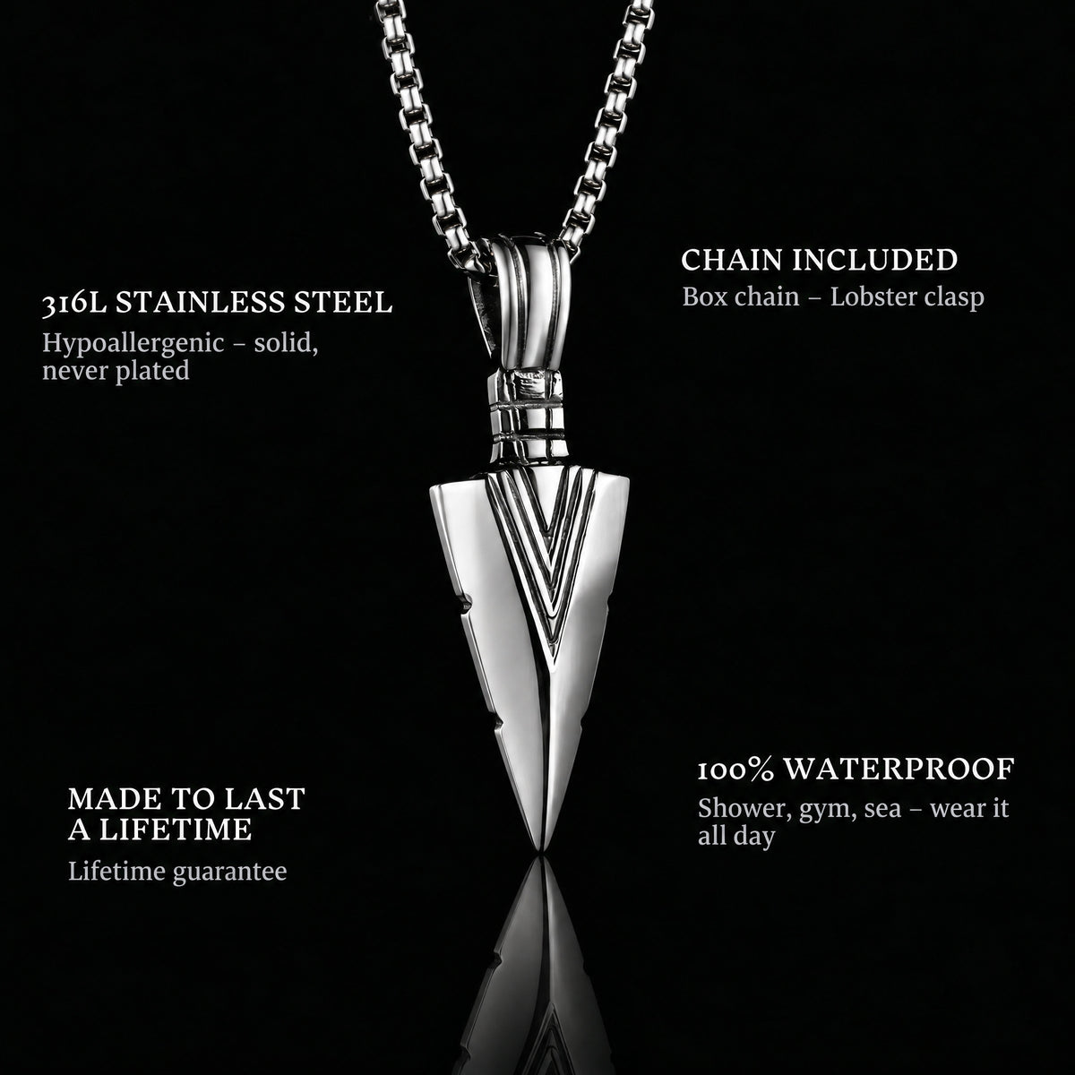 Arrow pendant features: 316L stainless steel, chain included, 100% waterproof, lifetime guarantee