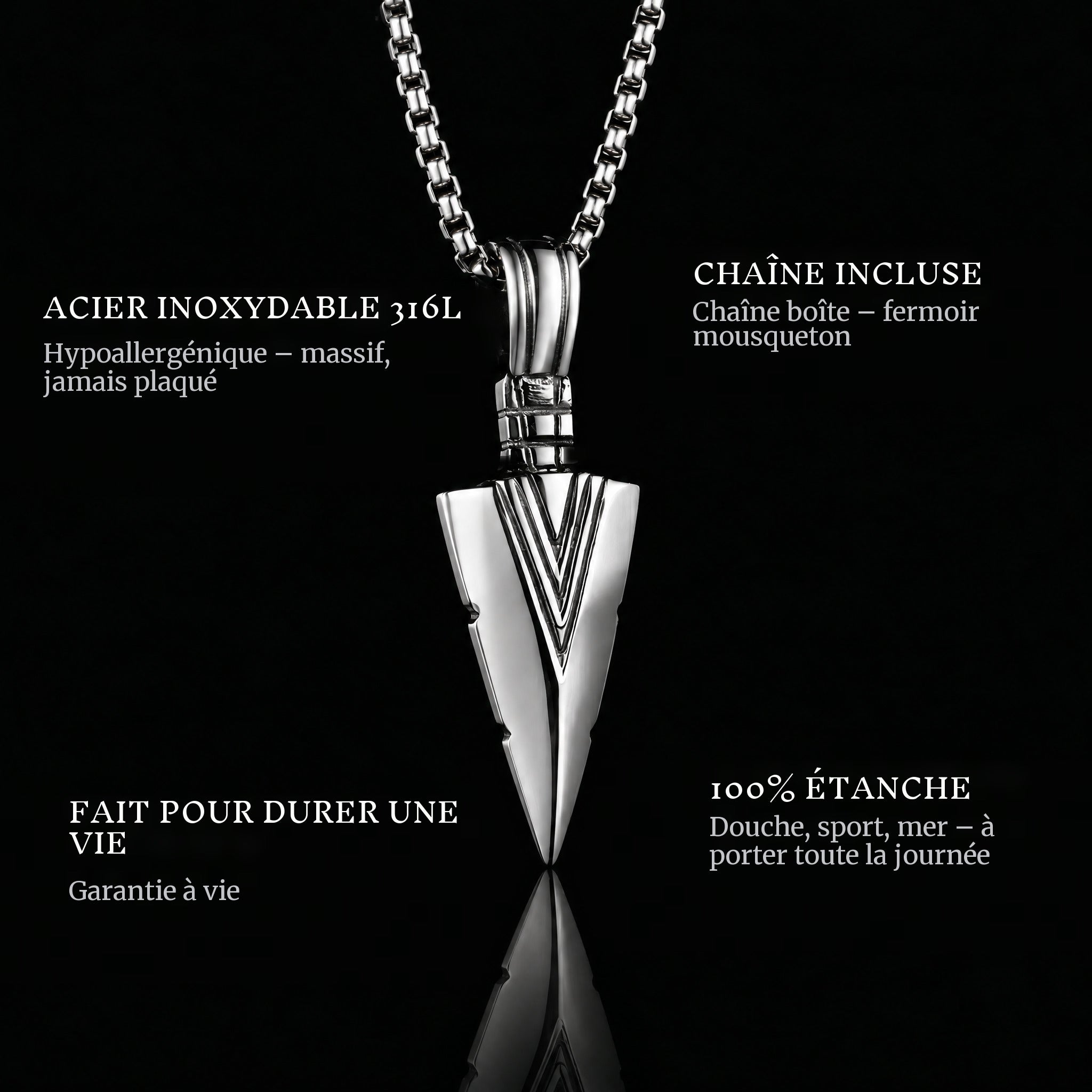 Arrow pendant features: 316L stainless steel, chain included, 100% waterproof, lifetime guarantee