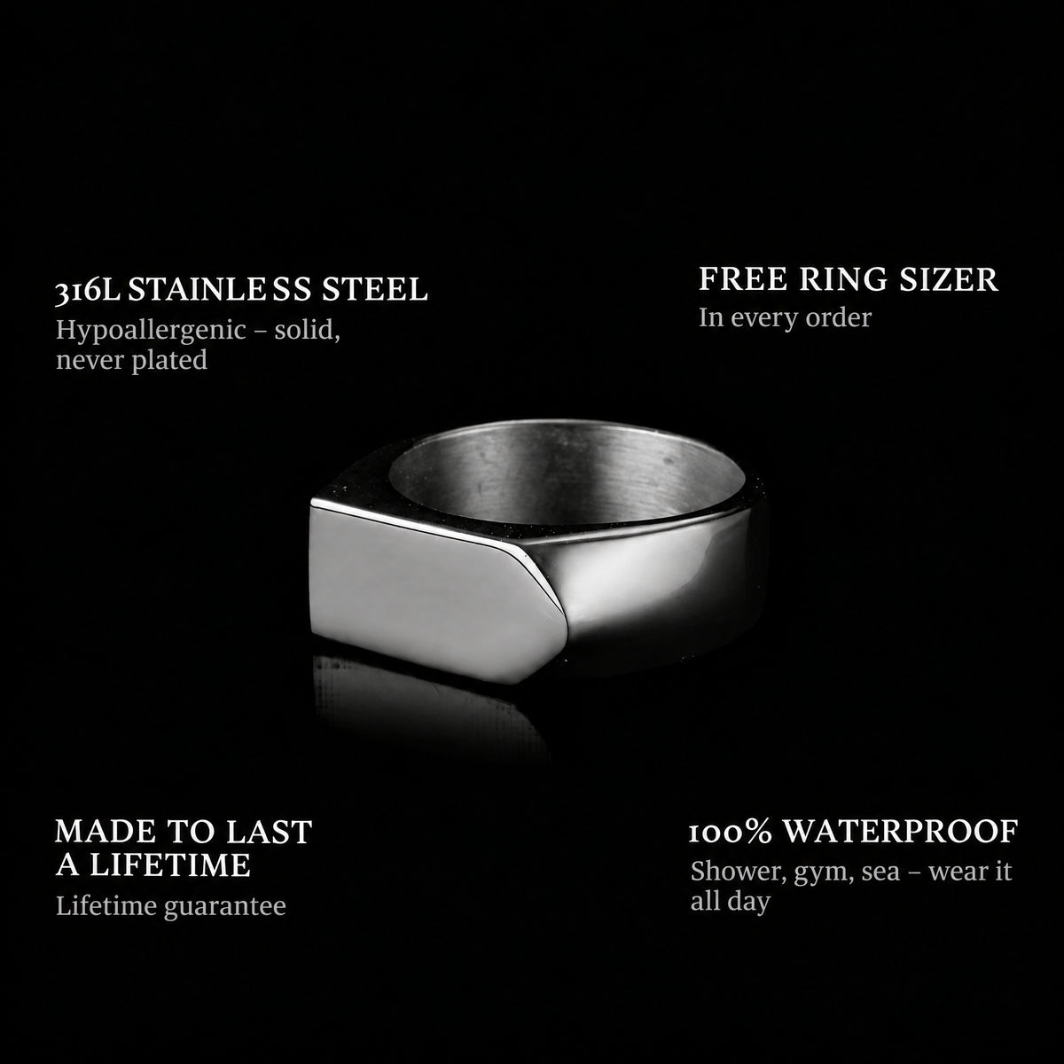 Arrow Black ring features: 316L stainless steel, free ring sizer in every order, 100% waterproof, lifetime guarantee