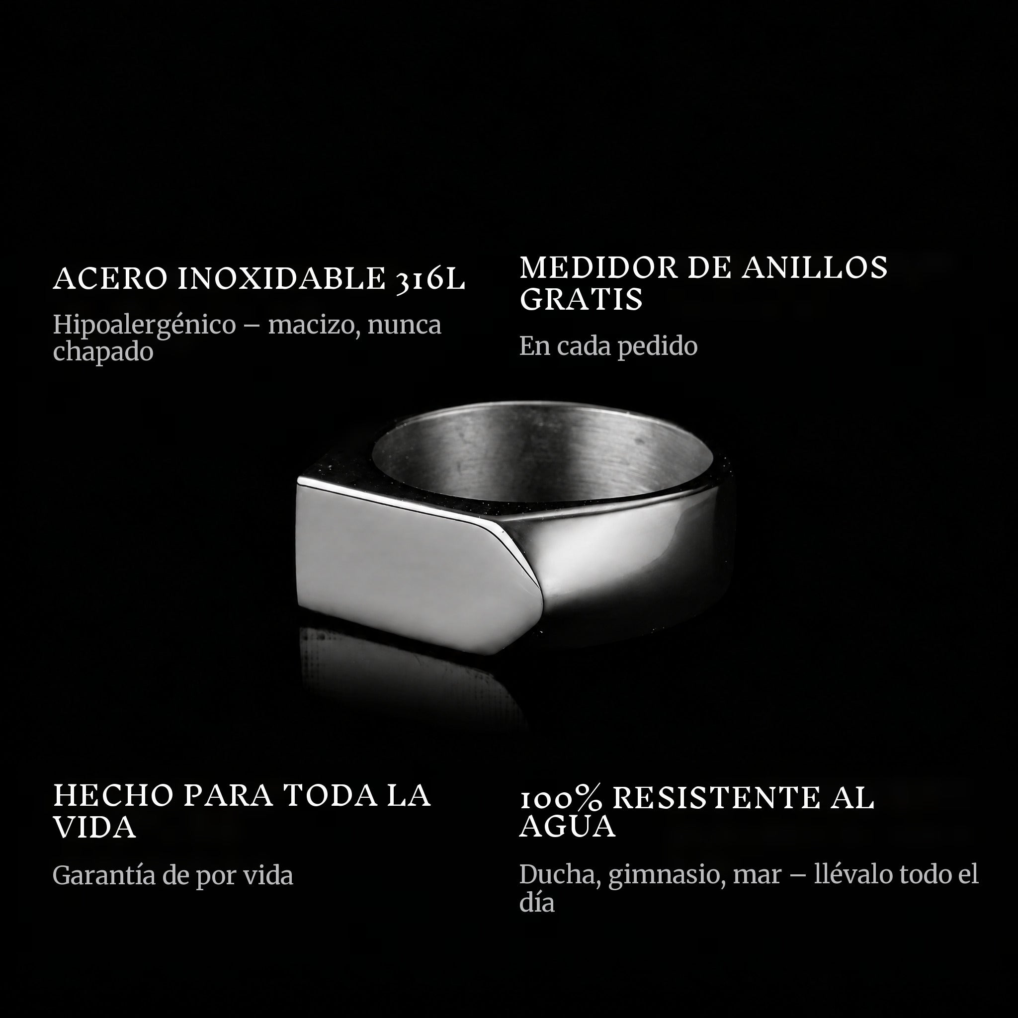 Arrow Black ring features: 316L stainless steel, free ring sizer in every order, 100% waterproof, lifetime guarantee
