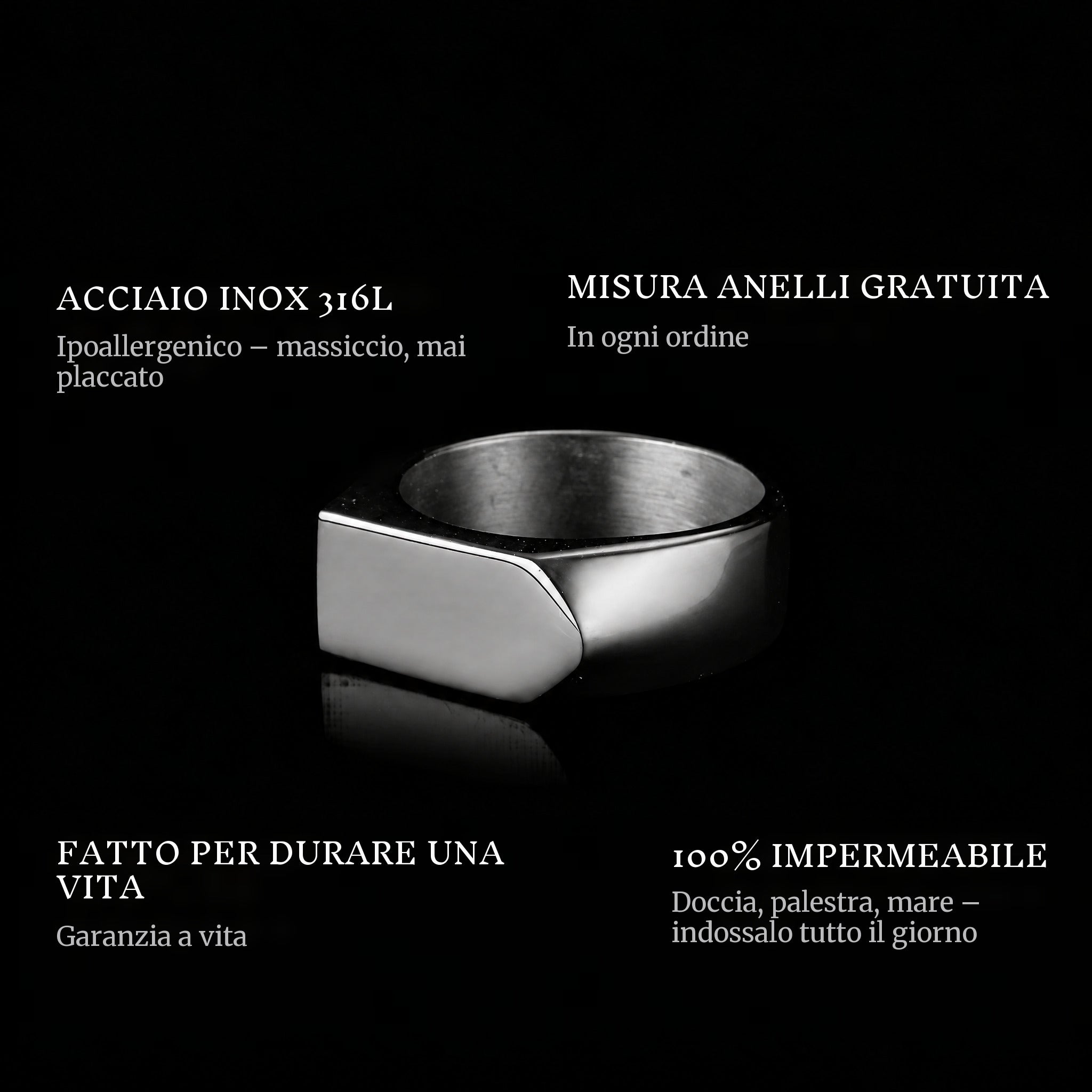 Arrow Black ring features: 316L stainless steel, free ring sizer in every order, 100% waterproof, lifetime guarantee