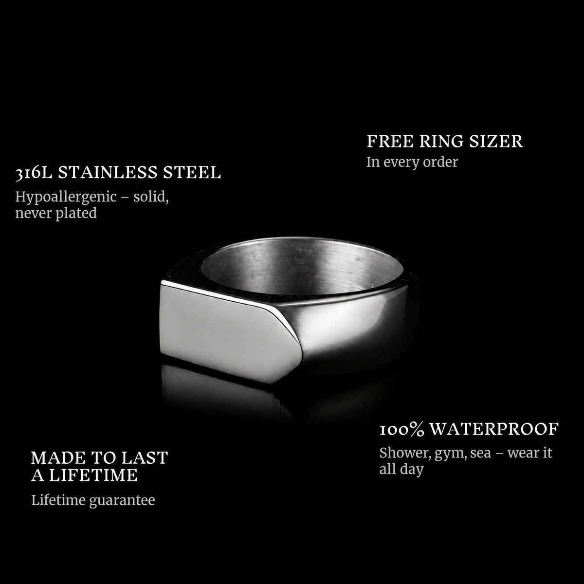 Arrow ring features: 316L stainless steel, free ring sizer in every order, 100% waterproof, lifetime guarantee
