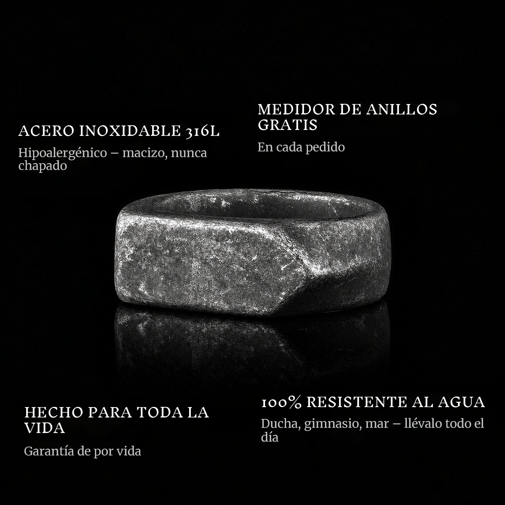 Arrow Gray ring features: 316L stainless steel, free ring sizer in every order, 100% waterproof, lifetime guarantee