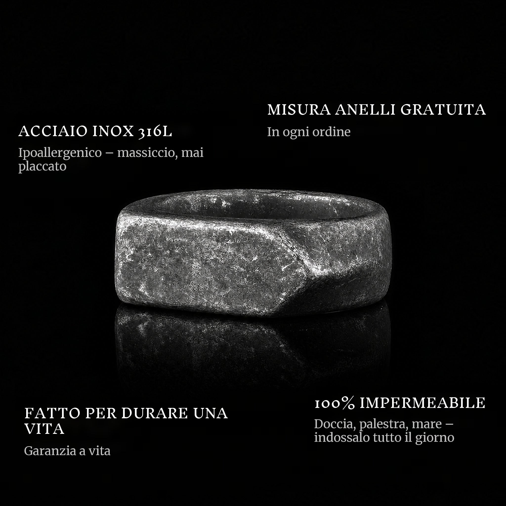 Arrow Gray ring features: 316L stainless steel, free ring sizer in every order, 100% waterproof, lifetime guarantee