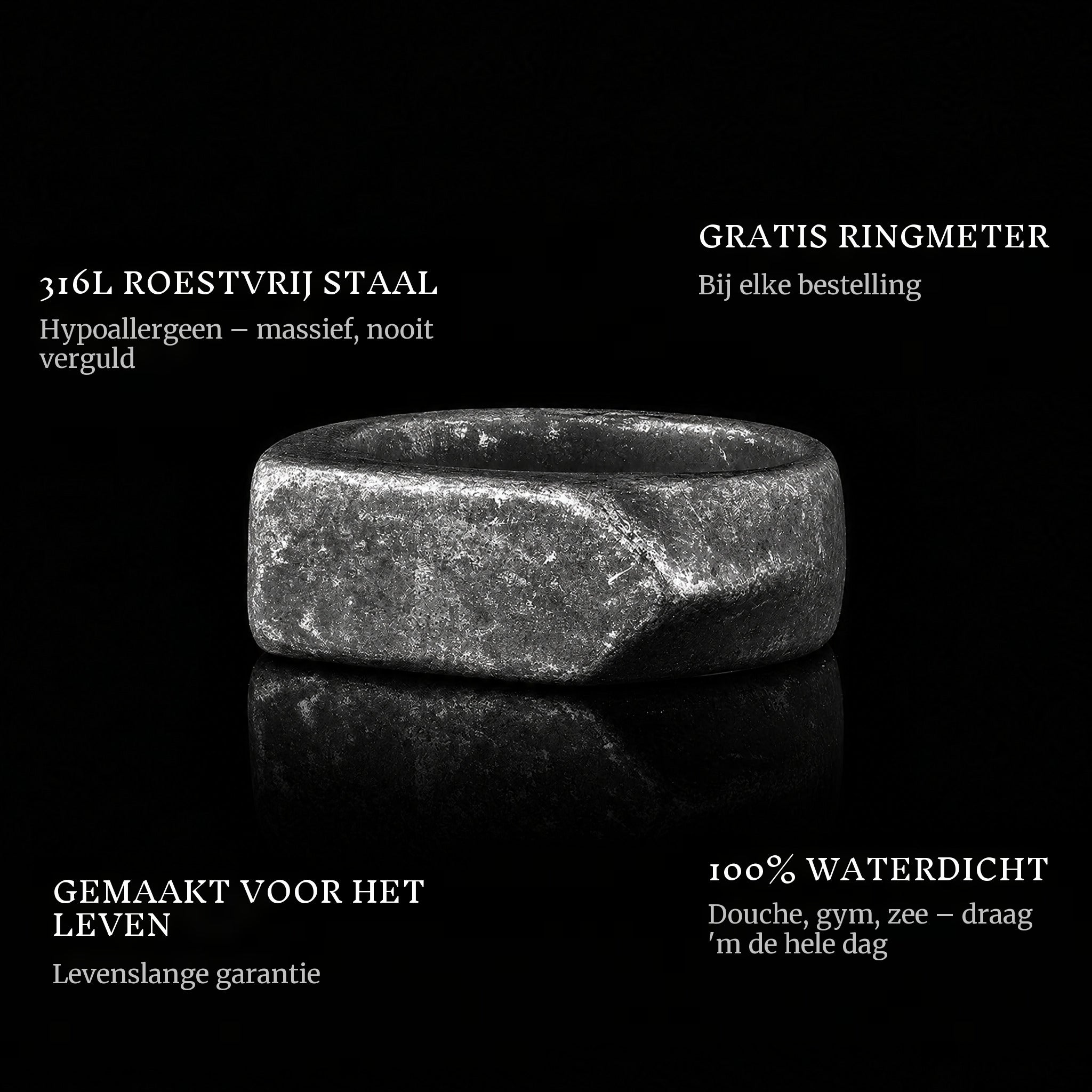 Arrow Gray ring features: 316L stainless steel, free ring sizer in every order, 100% waterproof, lifetime guarantee