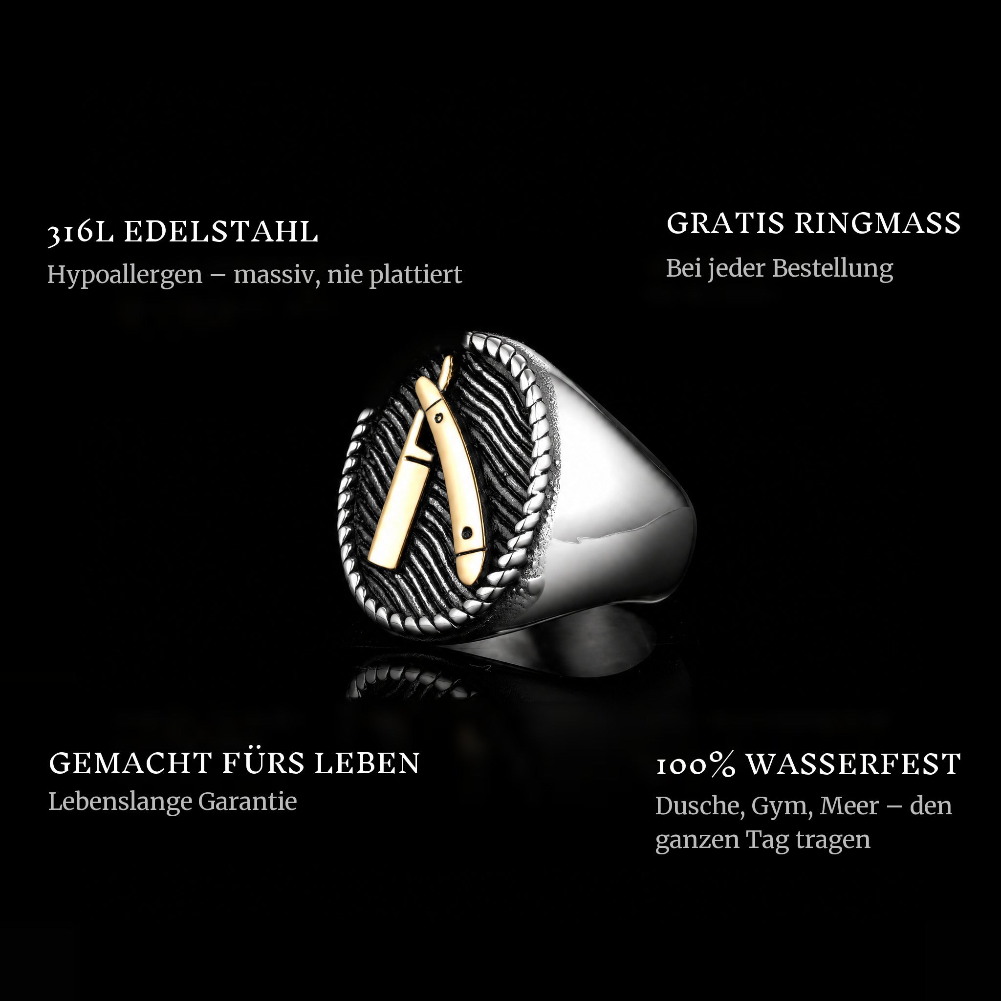 Barber Cut Gold ring features: 316L stainless steel, free ring sizer in every order, 100% waterproof, lifetime guarantee