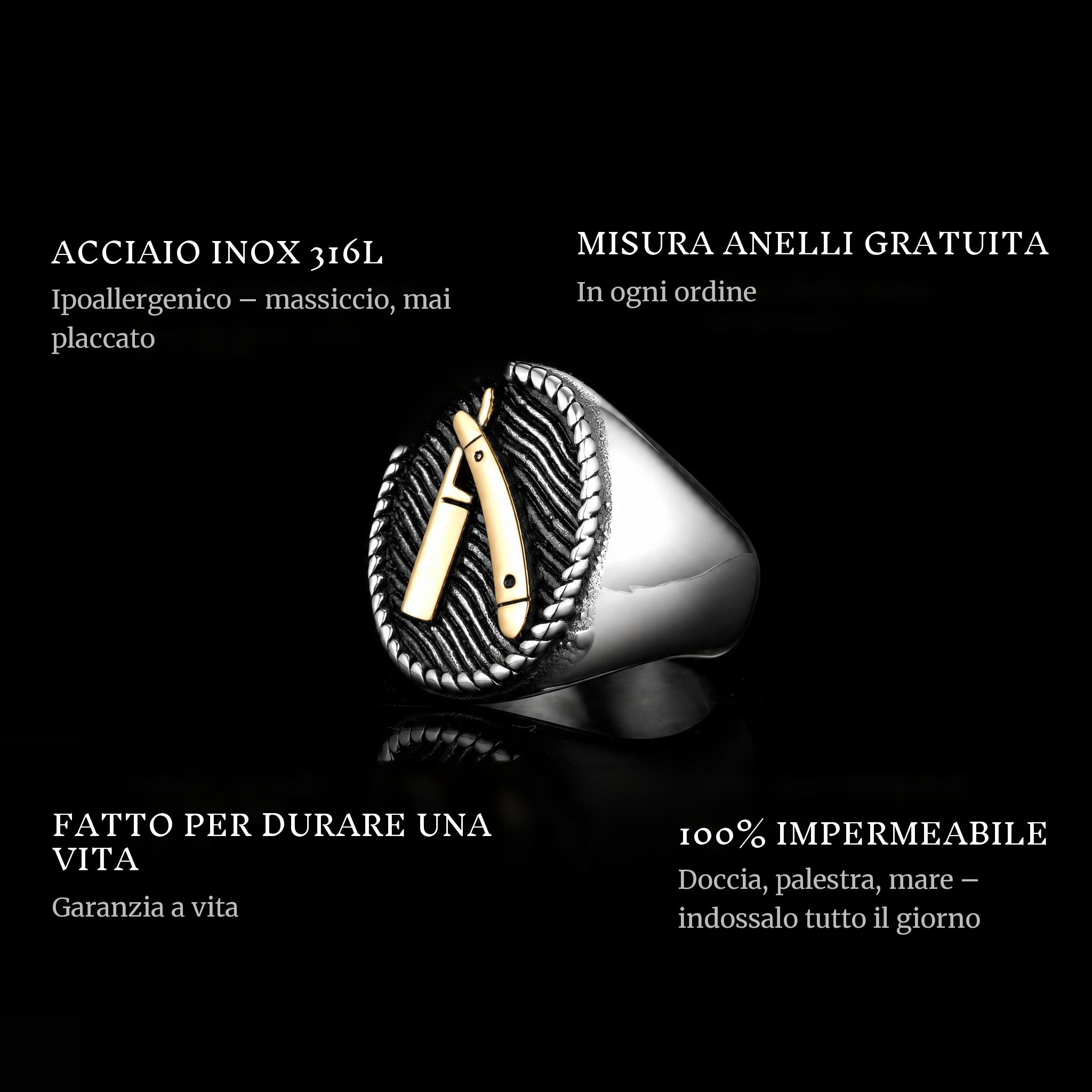 Barber Cut Gold ring features: 316L stainless steel, free ring sizer in every order, 100% waterproof, lifetime guarantee