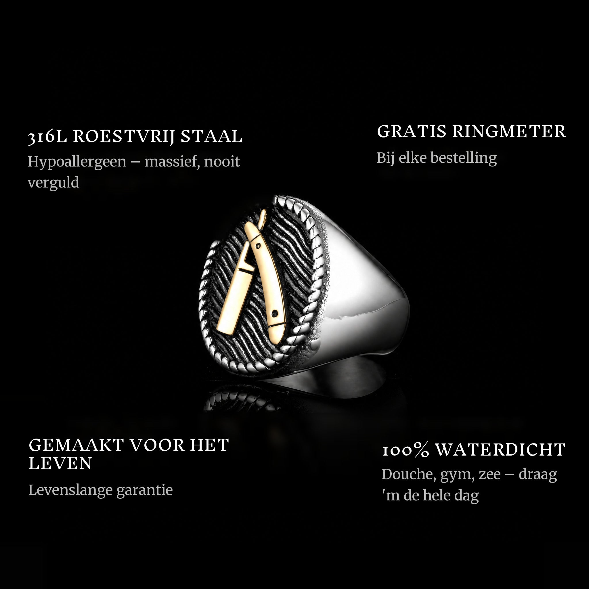 Barber Cut Gold ring features: 316L stainless steel, free ring sizer in every order, 100% waterproof, lifetime guarantee