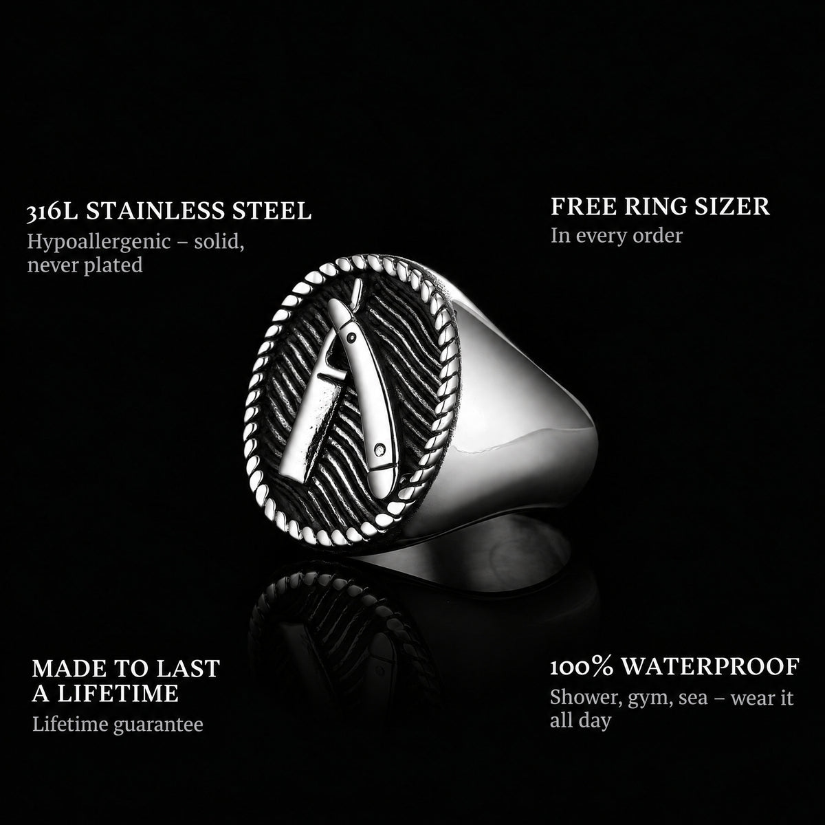 Barber Cut ring features: 316L stainless steel, free ring sizer in every order, 100% waterproof, lifetime guarantee