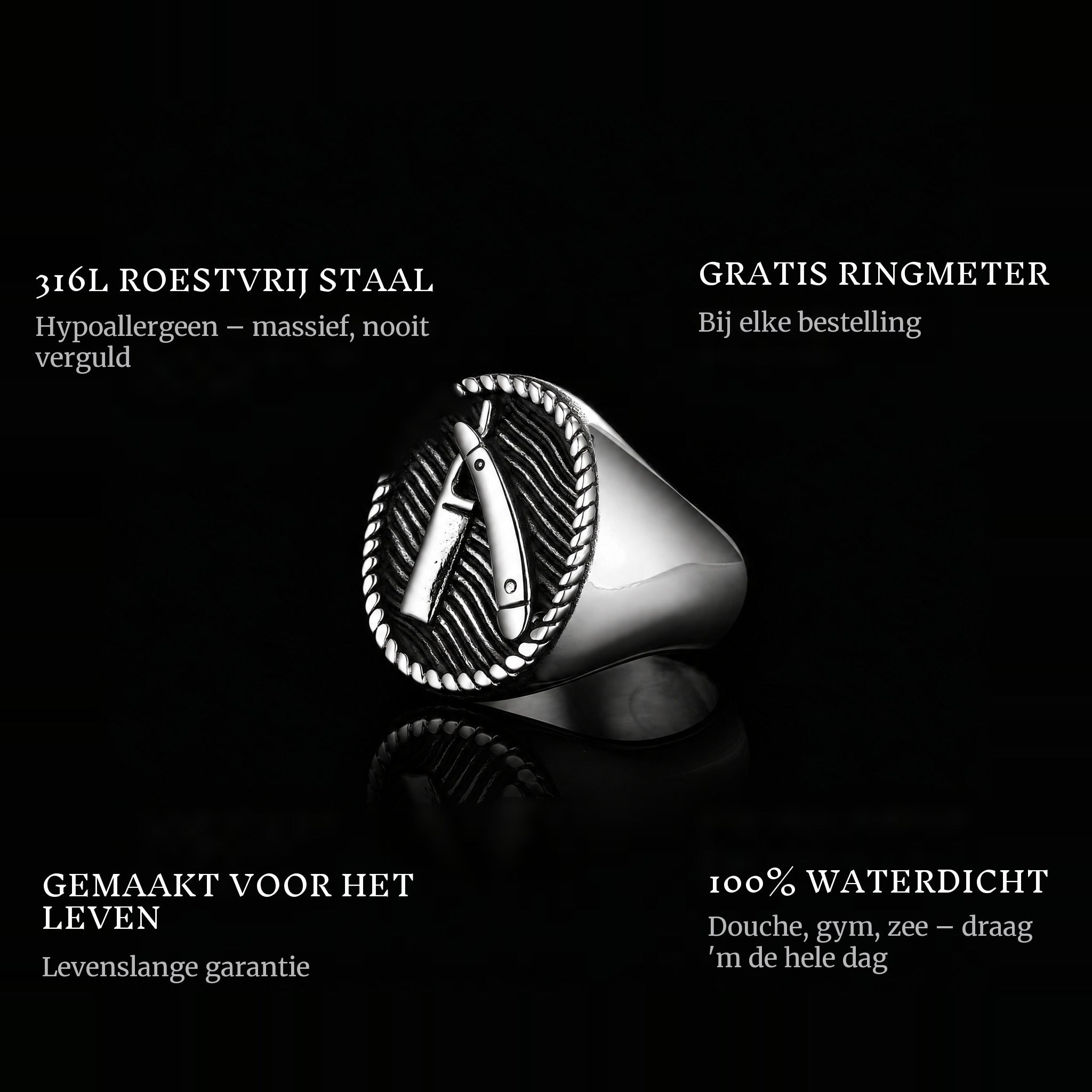 Barber Cut ring features: 316L stainless steel, free ring sizer in every order, 100% waterproof, lifetime guarantee
