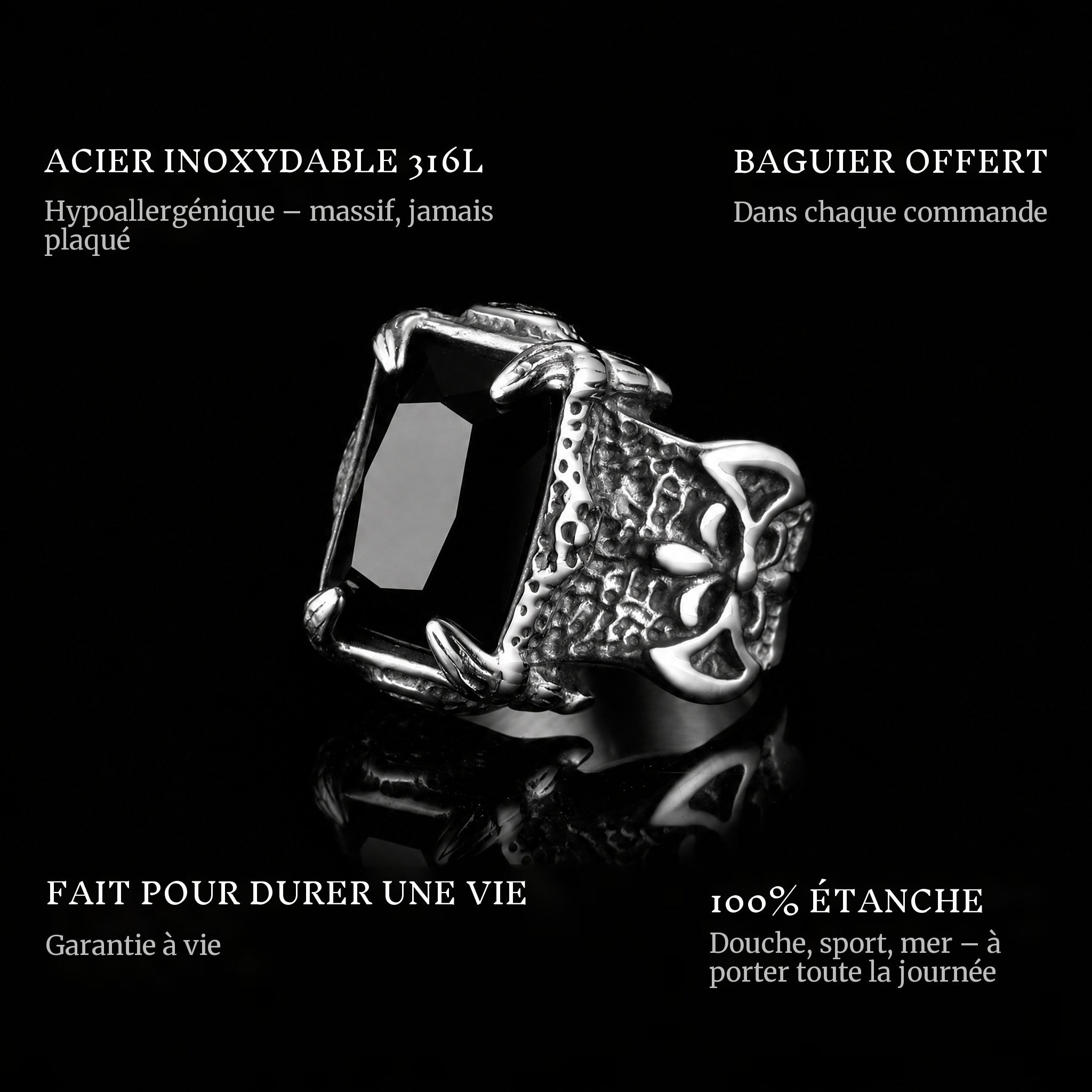 Black Coffin ring features: 316L stainless steel, free ring sizer in every order, 100% waterproof, lifetime guarantee