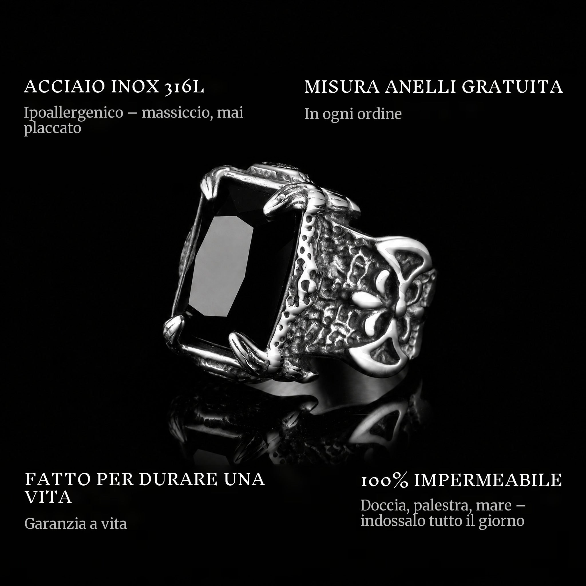 Black Coffin ring features: 316L stainless steel, free ring sizer in every order, 100% waterproof, lifetime guarantee