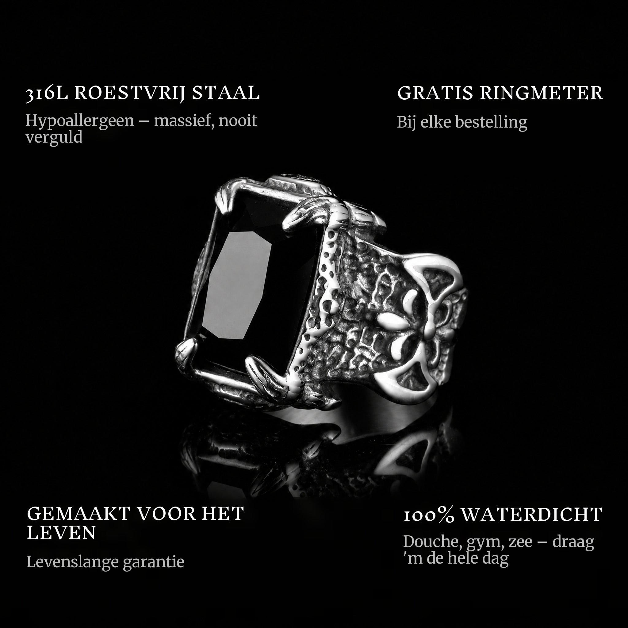 Black Coffin ring features: 316L stainless steel, free ring sizer in every order, 100% waterproof, lifetime guarantee