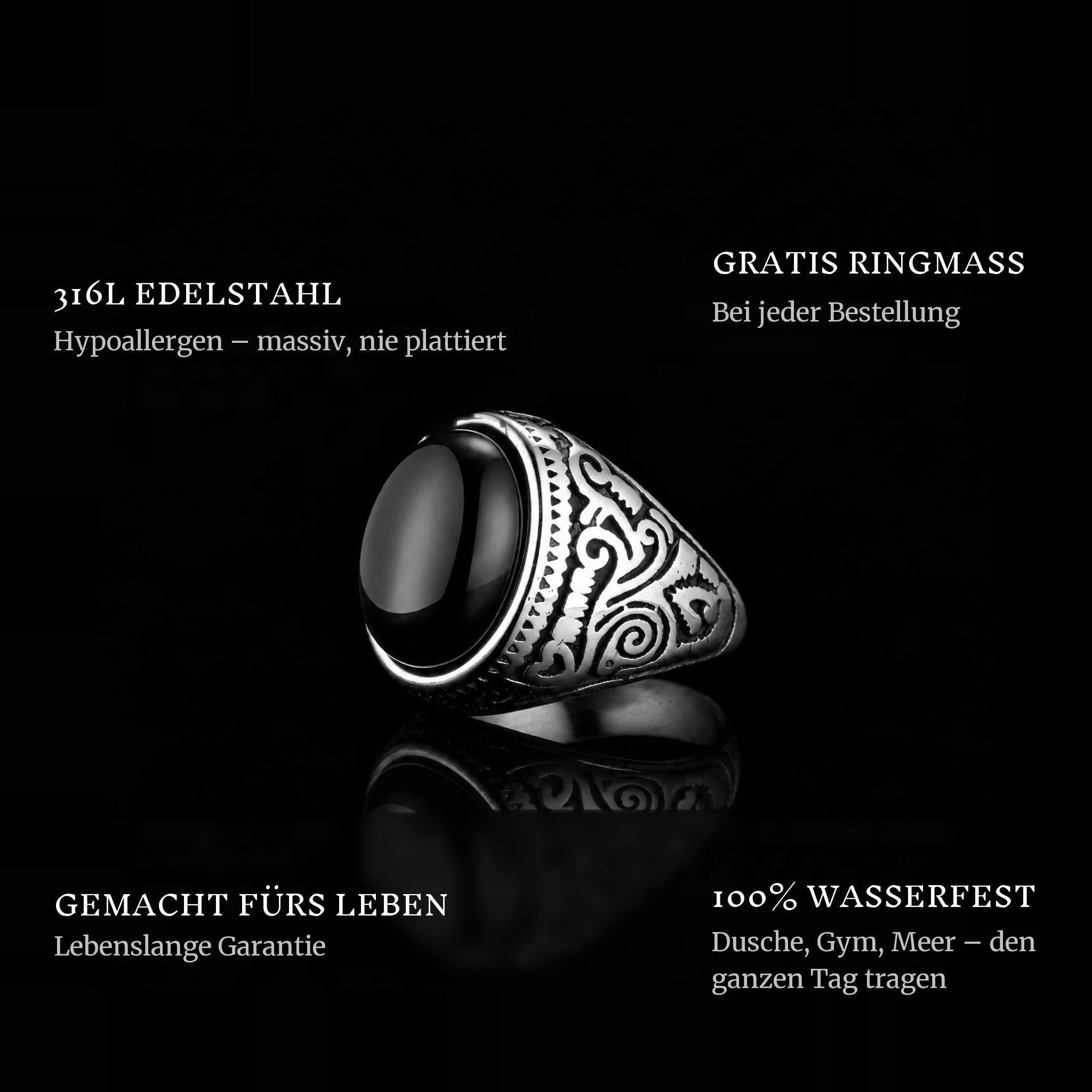 Black Eyes ring features: 316L stainless steel, free ring sizer in every order, 100% waterproof, lifetime guarantee