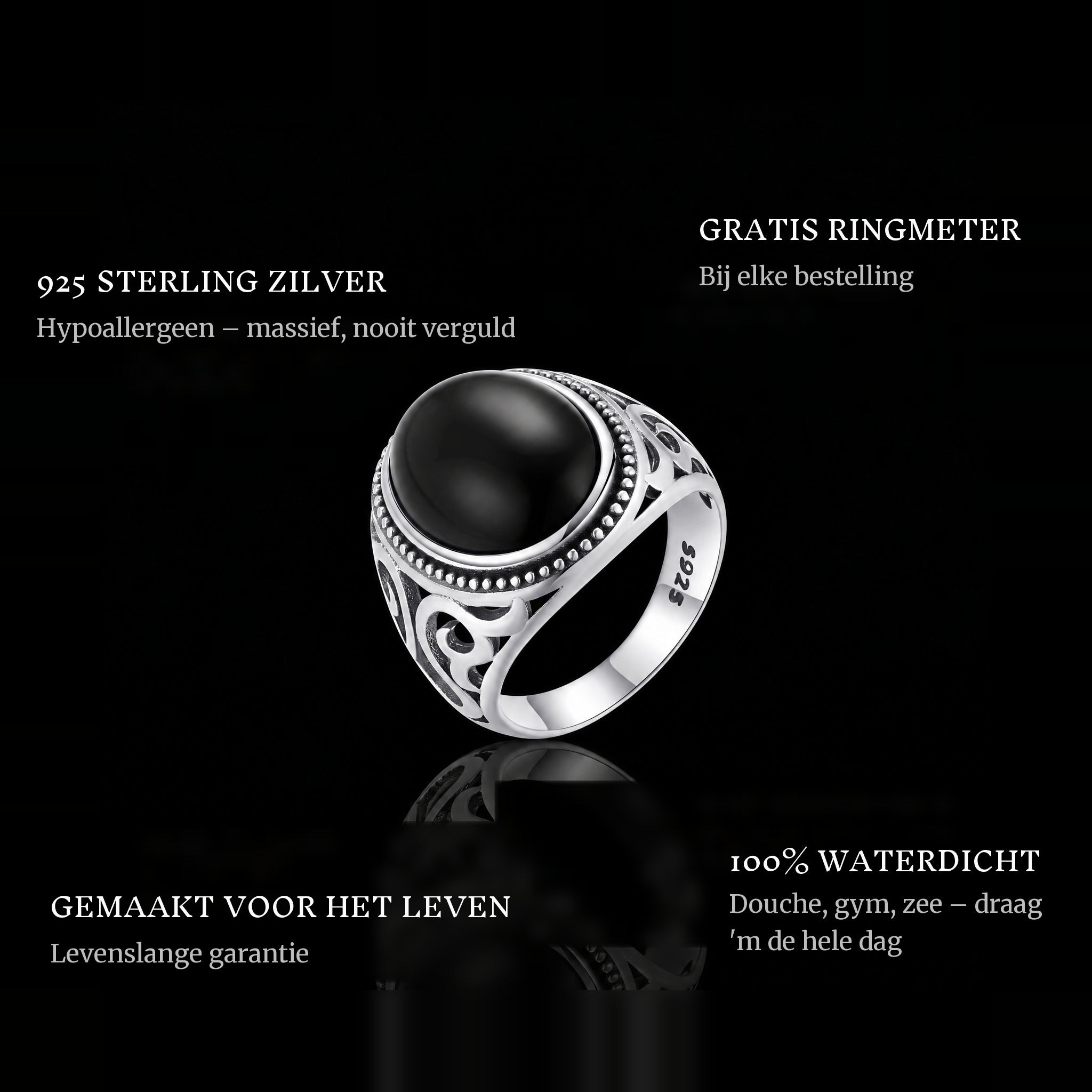 Black Eyes ring features: 925 sterling silver, free ring sizer in every order, 100% waterproof, lifetime guarantee