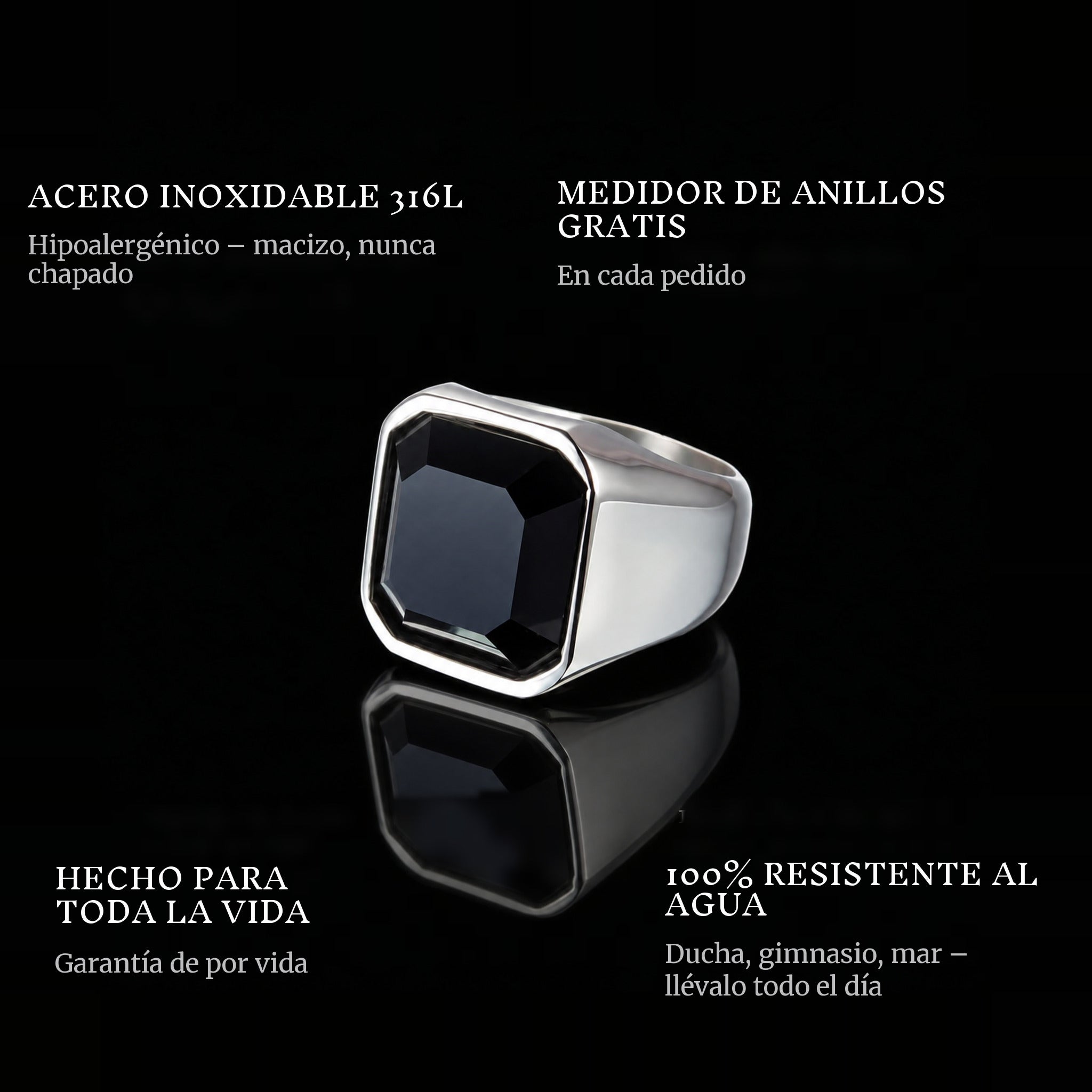 Black Gem ring features: 316L stainless steel, free ring sizer in every order, 100% waterproof, lifetime guarantee
