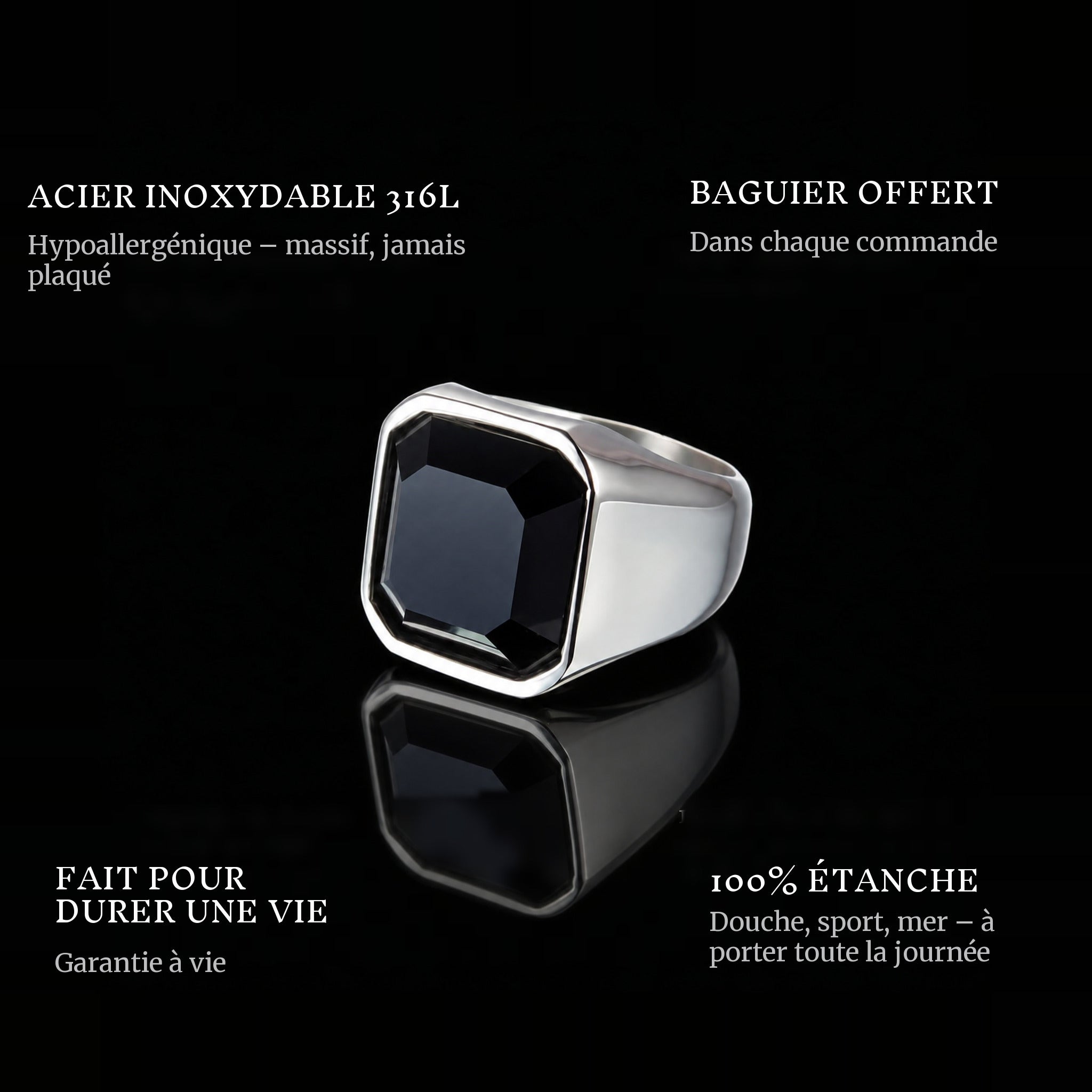 Black Gem ring features: 316L stainless steel, free ring sizer in every order, 100% waterproof, lifetime guarantee