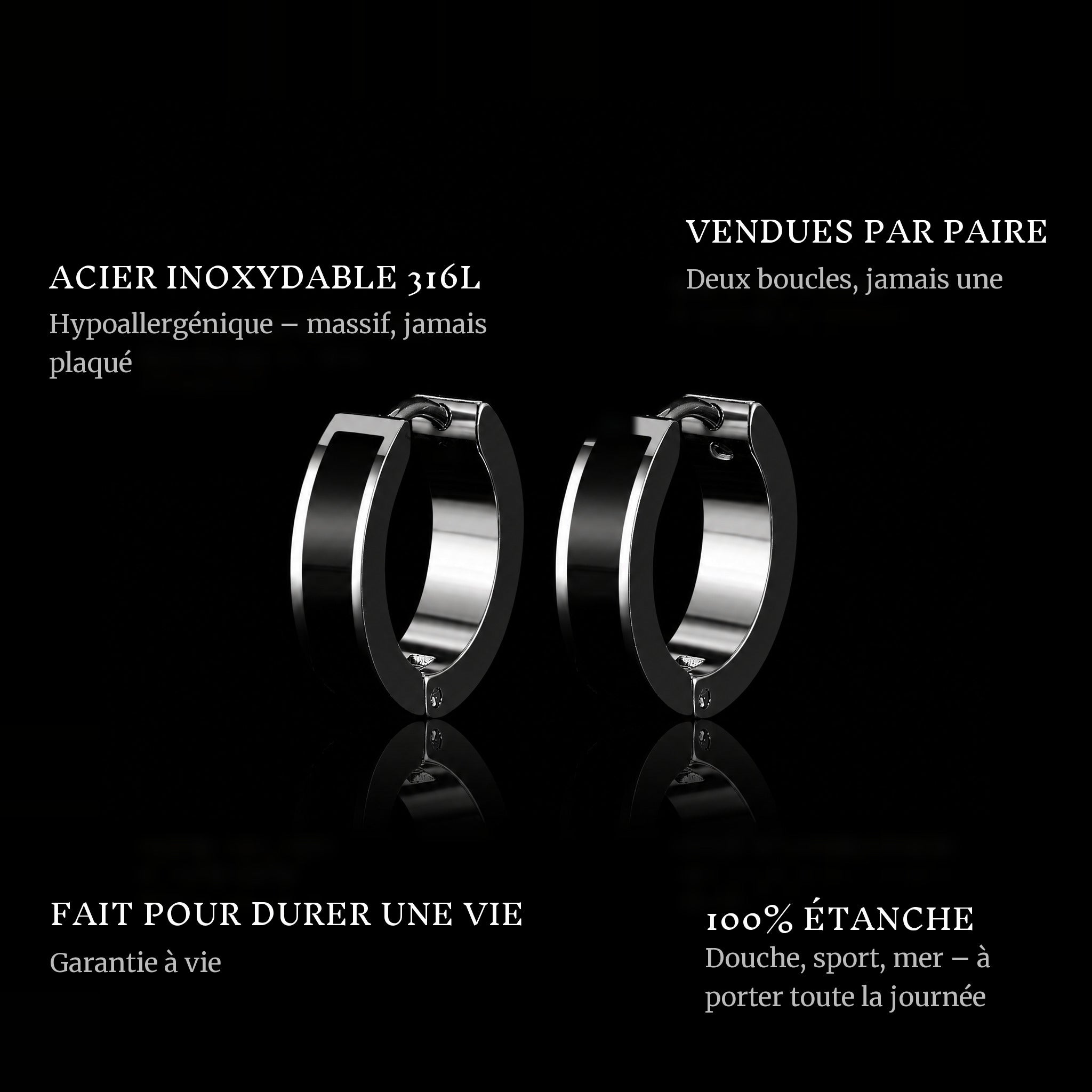 Black Hoops features: 316L stainless steel, sold as a pair, 100% waterproof, lifetime guarantee