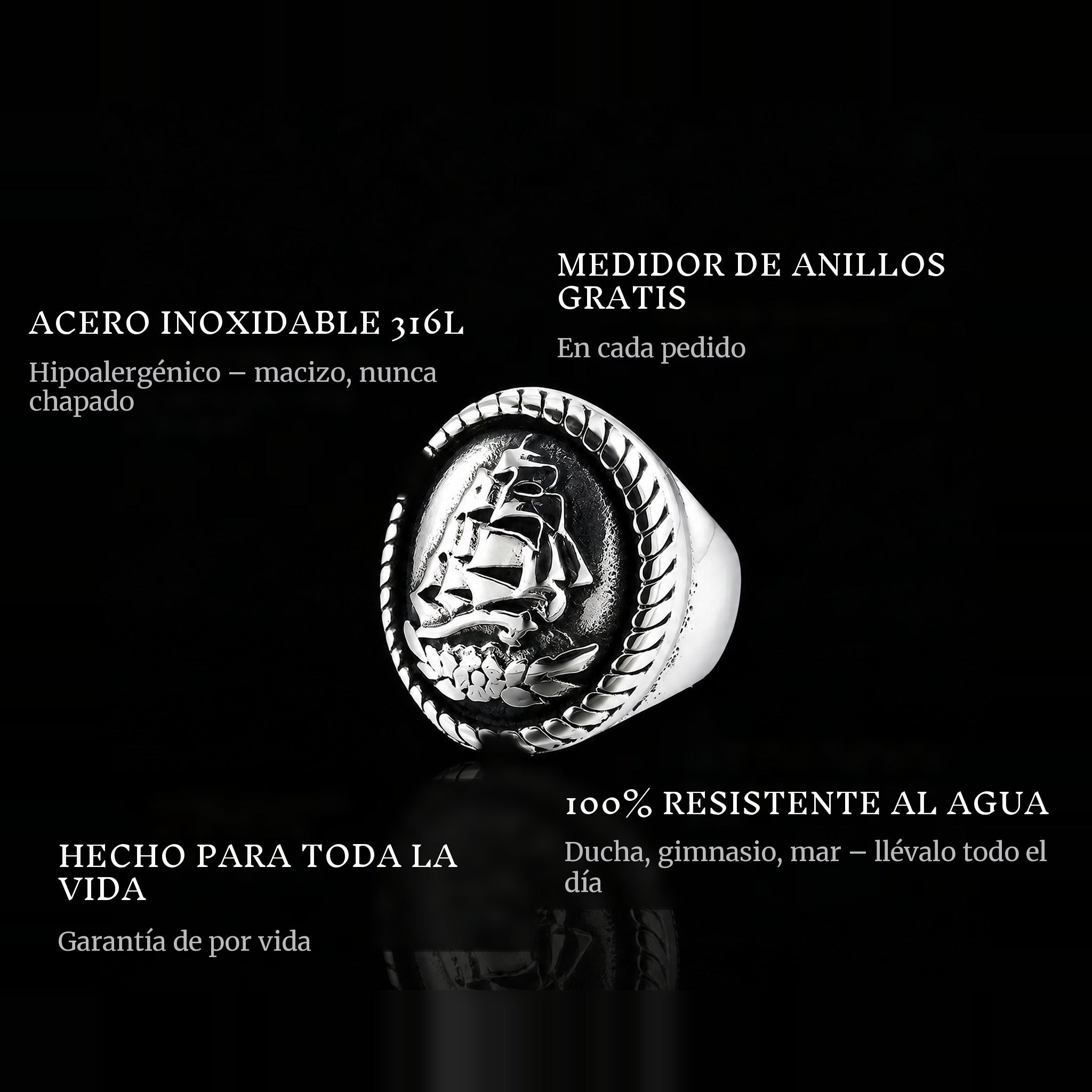 Black Pearl ring features: 316L stainless steel, free ring sizer in every order, 100% waterproof, lifetime guarantee