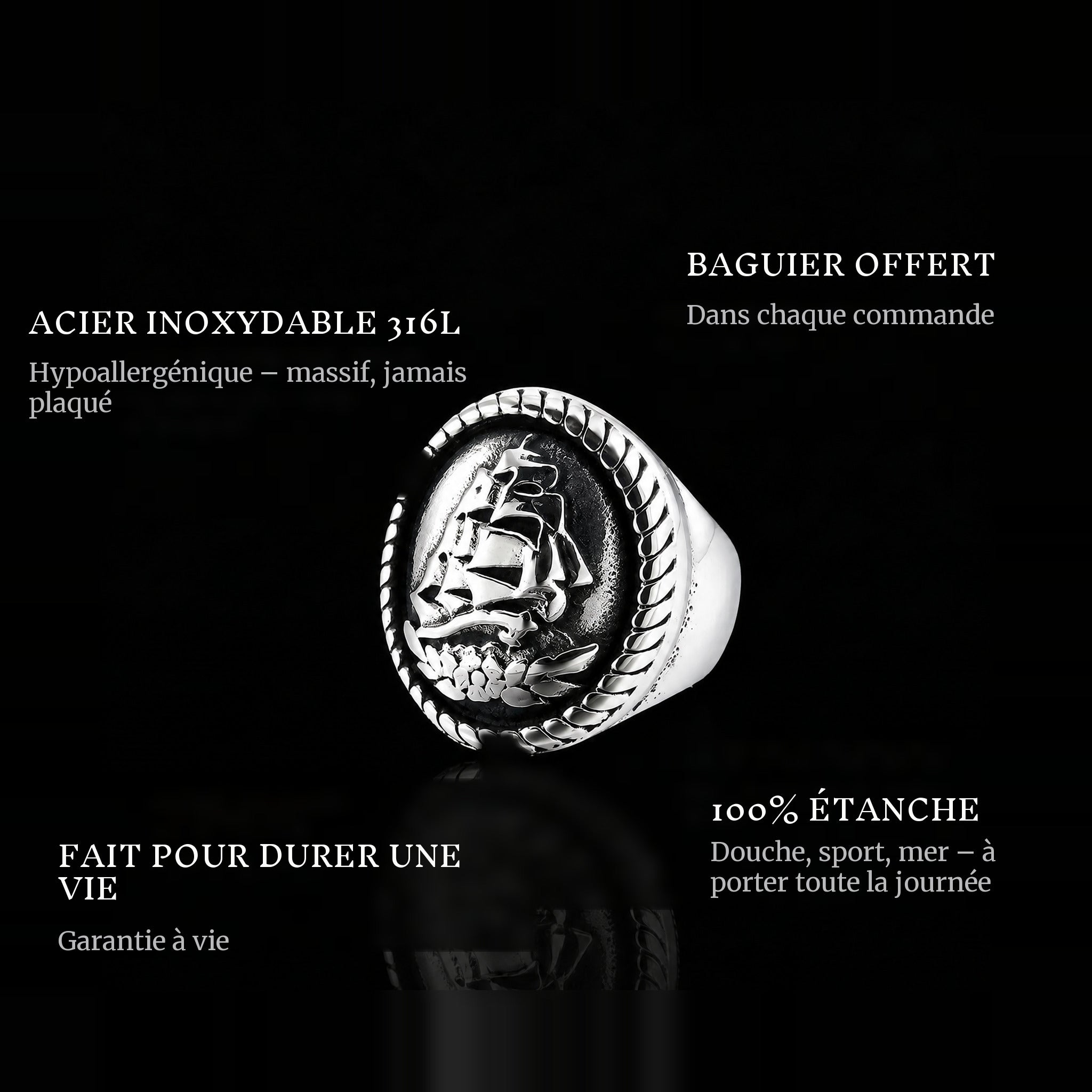 Black Pearl ring features: 316L stainless steel, free ring sizer in every order, 100% waterproof, lifetime guarantee