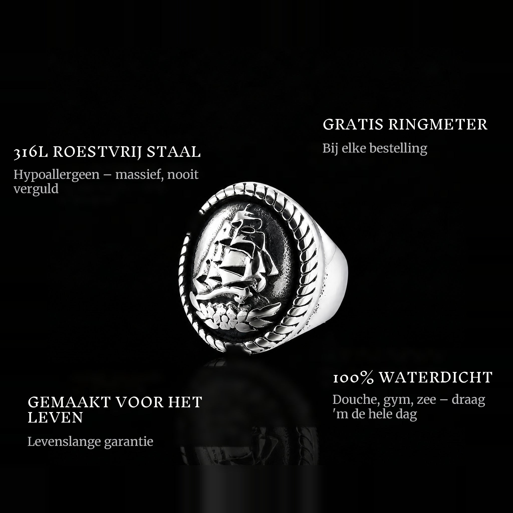 Black Pearl ring features: 316L stainless steel, free ring sizer in every order, 100% waterproof, lifetime guarantee