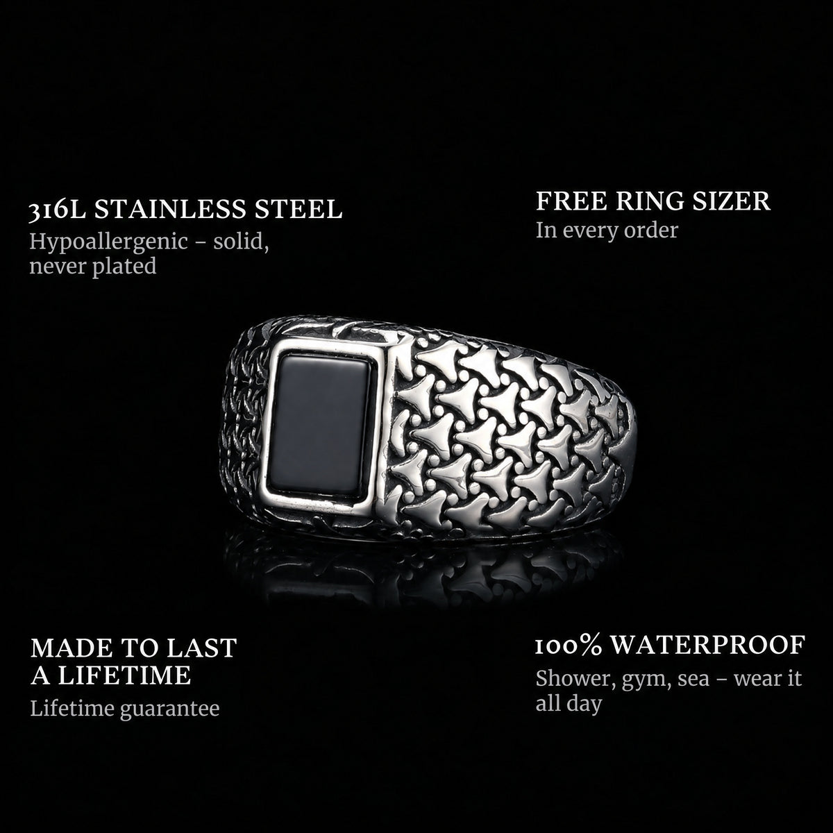 Black Vault ring features: 316L stainless steel, free ring sizer in every order, 100% waterproof, lifetime guarantee