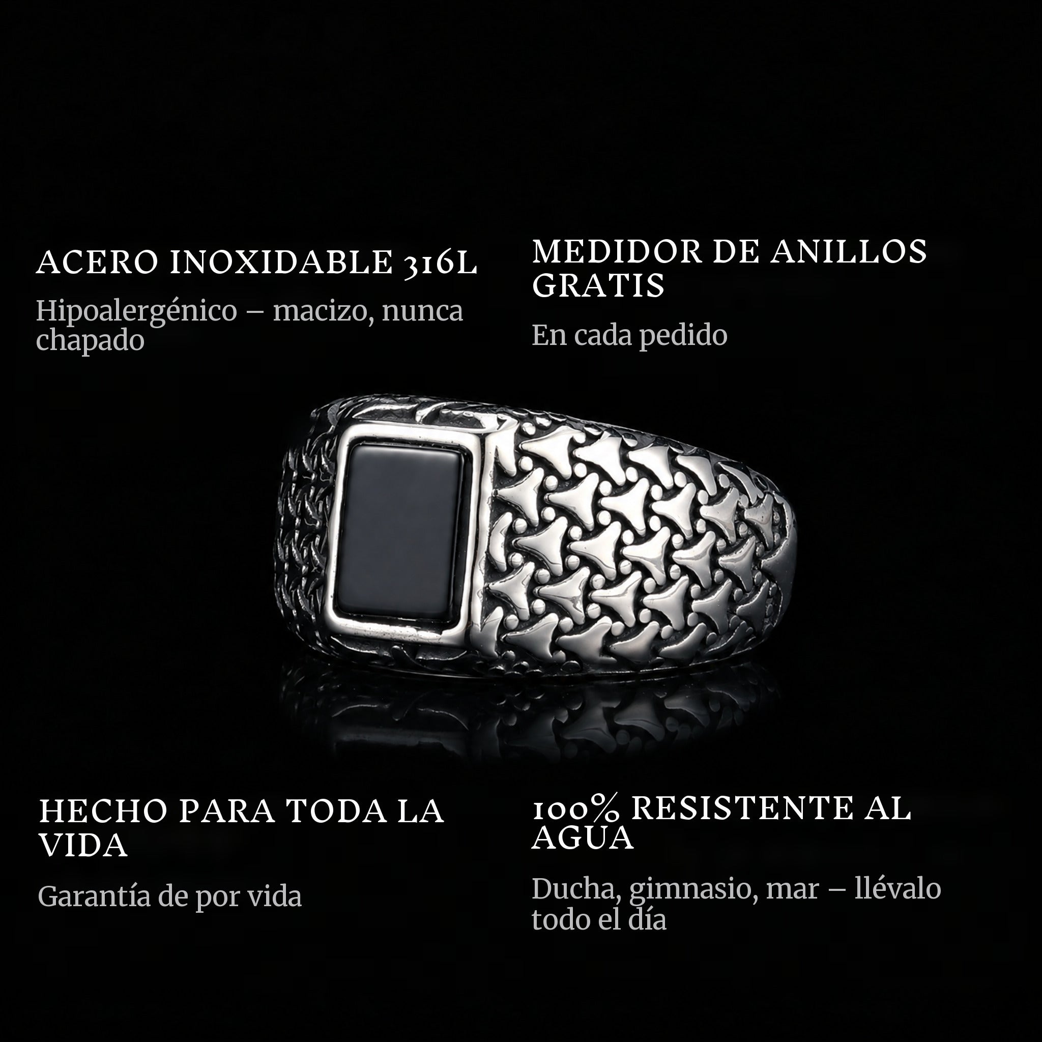 Black Vault ring features: 316L stainless steel, free ring sizer in every order, 100% waterproof, lifetime guarantee