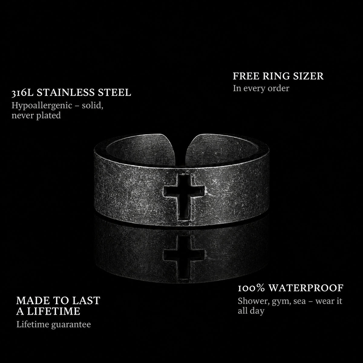 Blacked Cross ring features: 316L stainless steel, free ring sizer in every order, 100% waterproof, lifetime guarantee