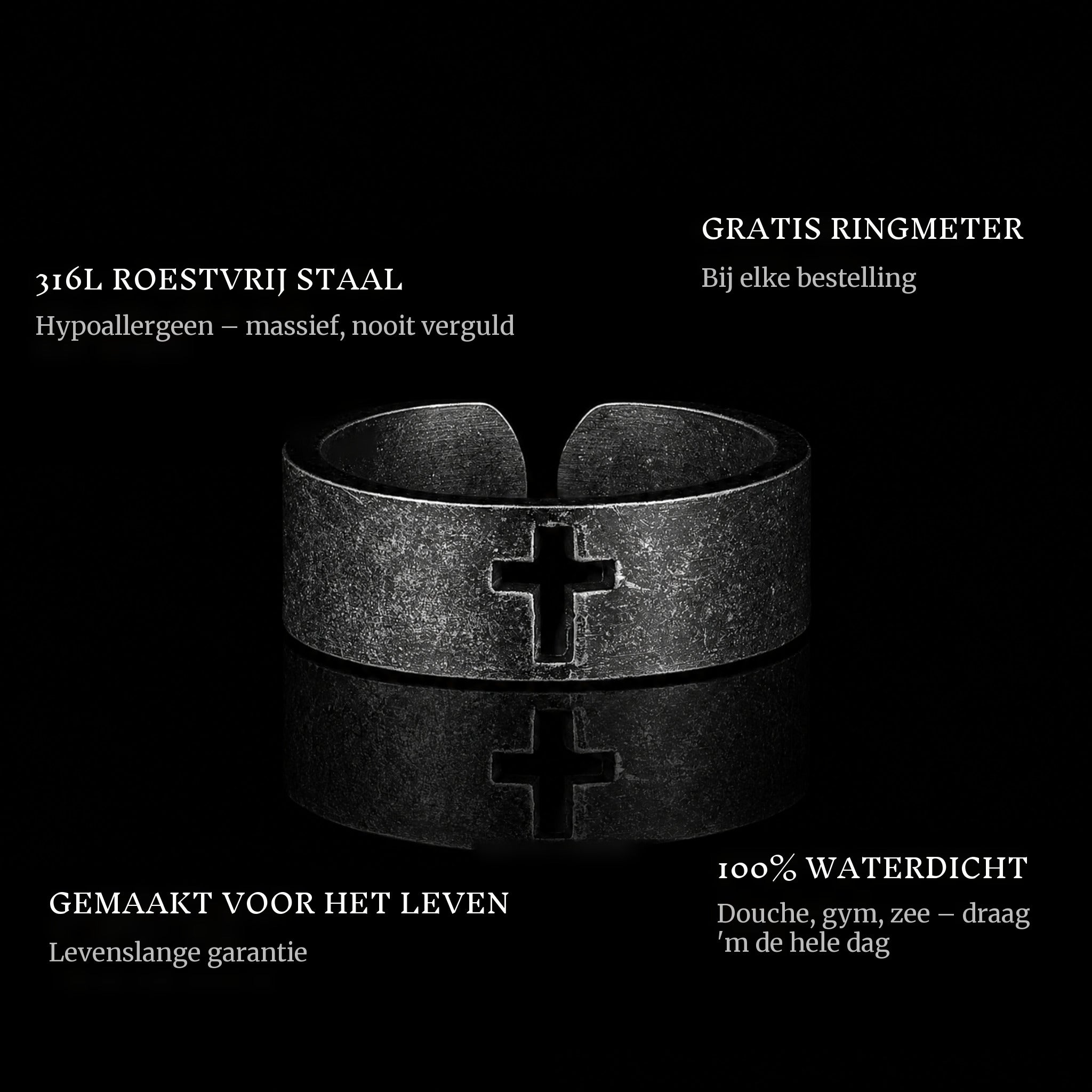 Blacked Cross ring features: 316L stainless steel, free ring sizer in every order, 100% waterproof, lifetime guarantee