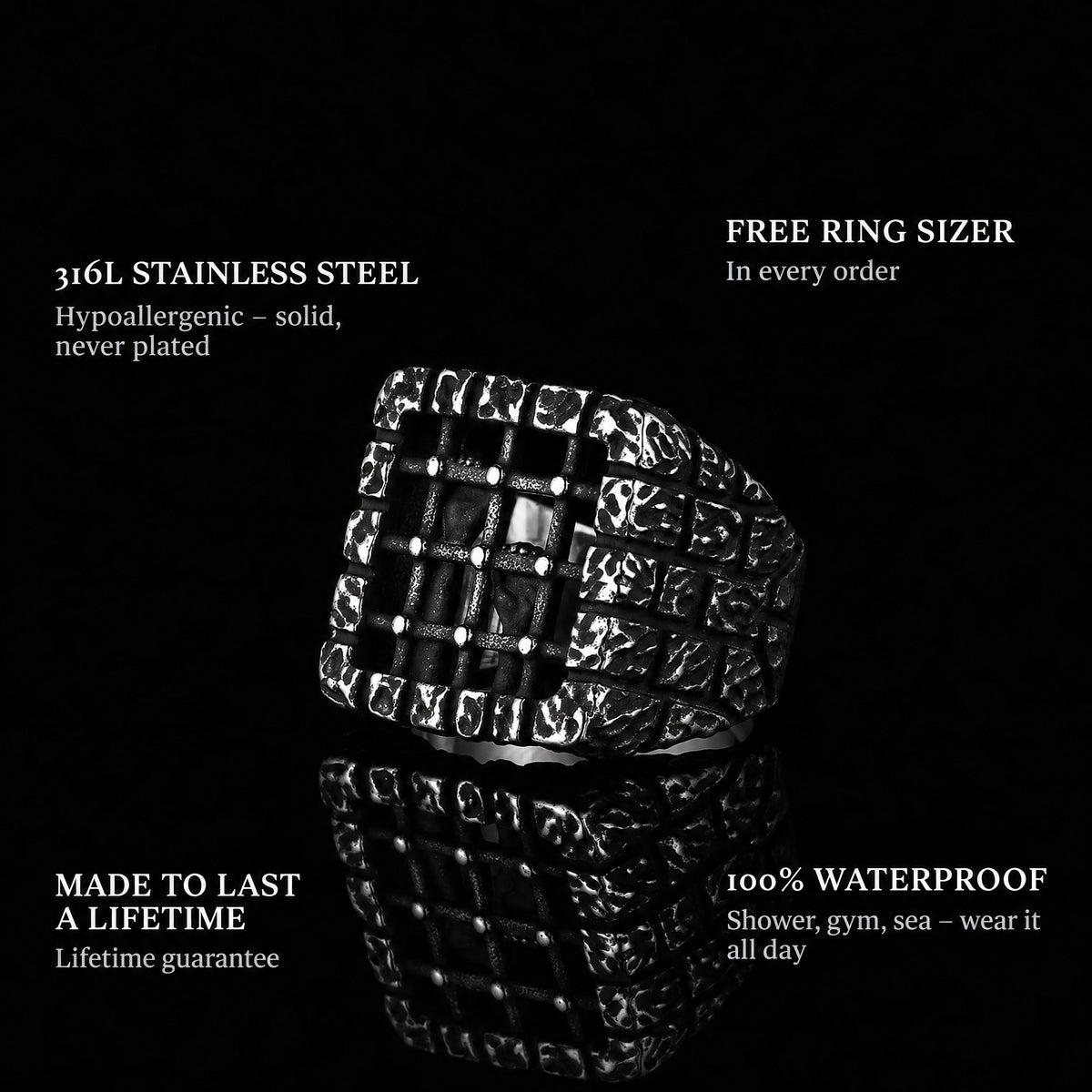Blocked Bars ring features: 316L stainless steel, free ring sizer in every order, 100% waterproof, lifetime guarantee