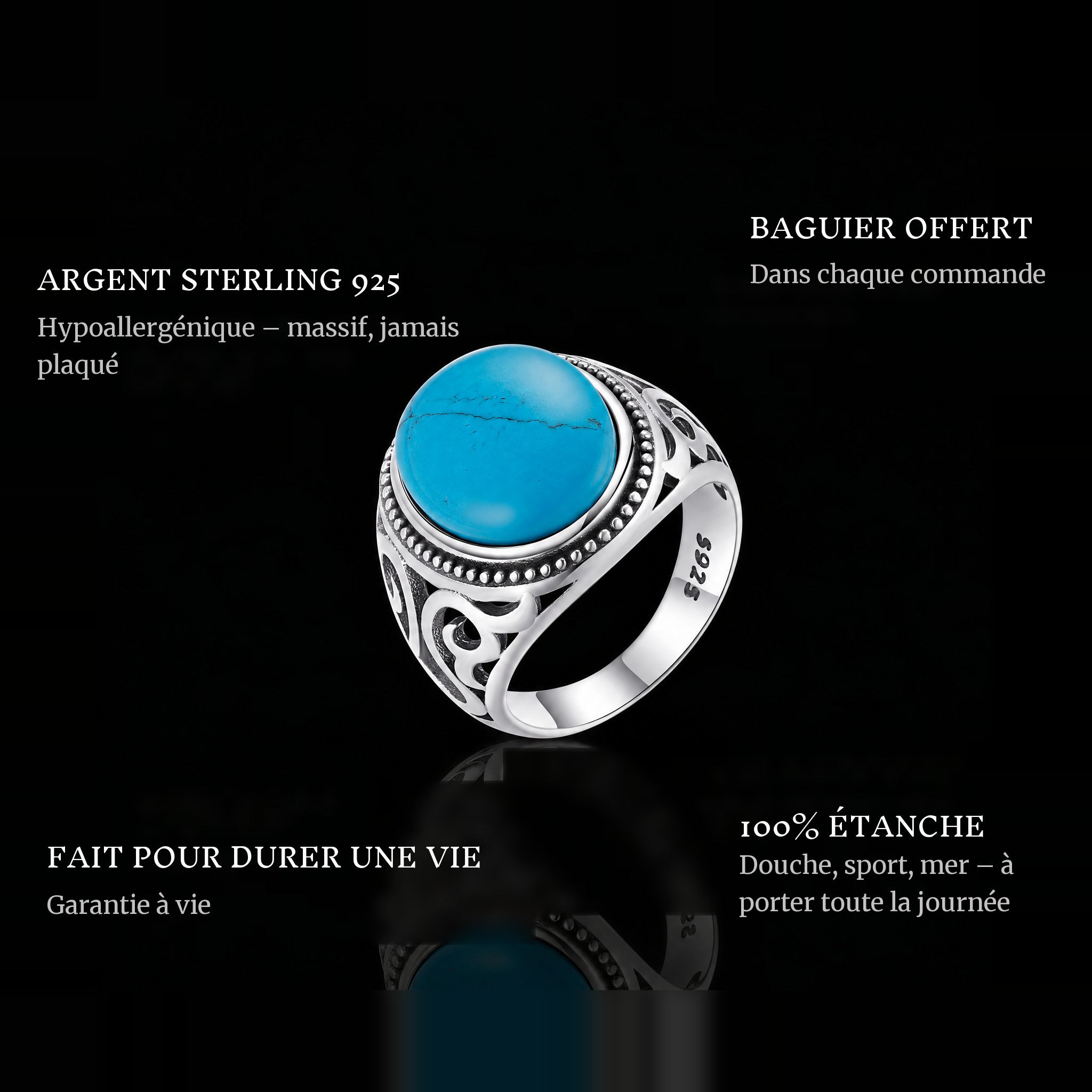 Blue Eyes ring features: 925 sterling silver, free ring sizer in every order, 100% waterproof, lifetime guarantee