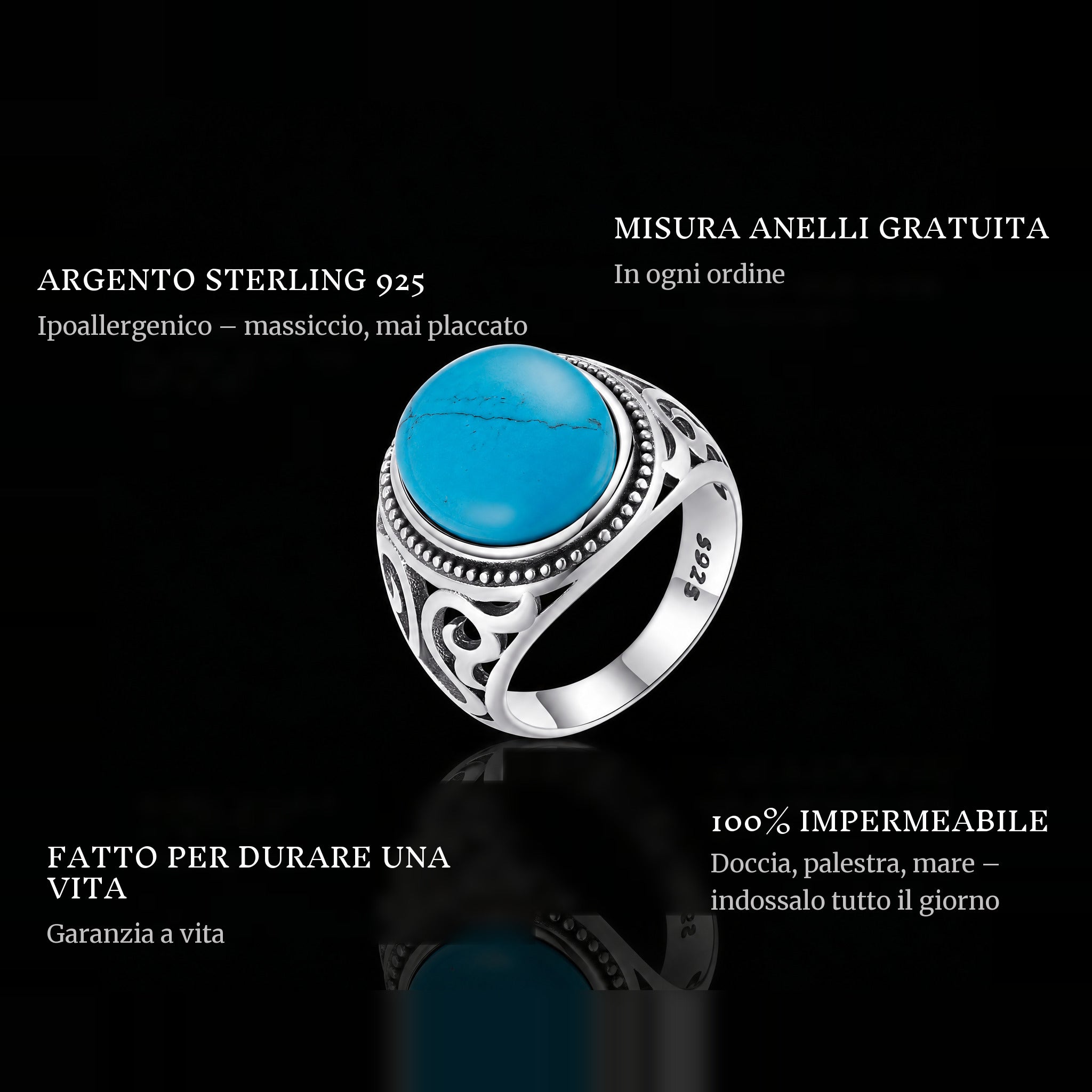 Blue Eyes ring features: 925 sterling silver, free ring sizer in every order, 100% waterproof, lifetime guarantee